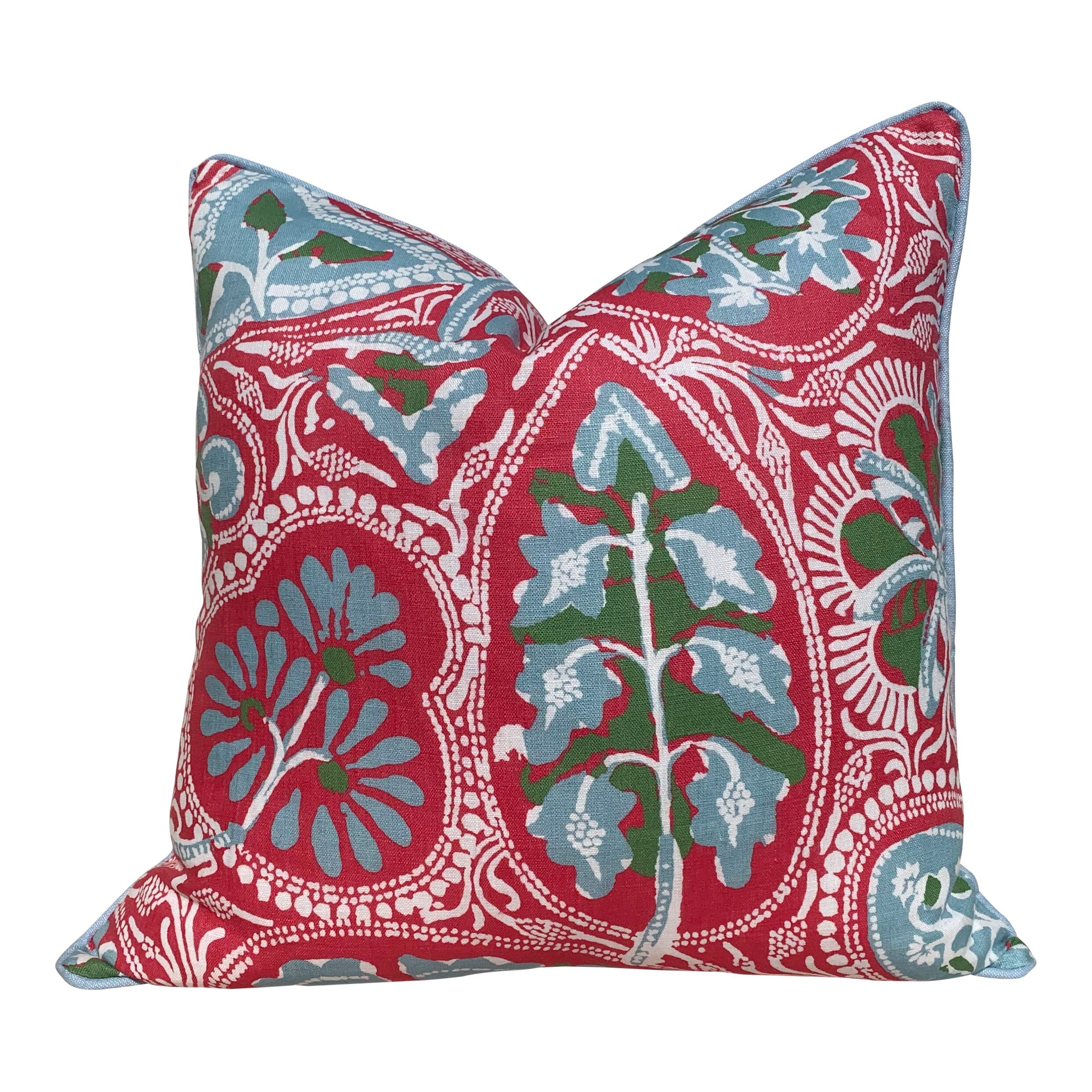 Thibaut Cochin Linen Pillow Features Floral Design in Fuchsia, Pink, Light Blue, Green.