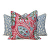 Thibaut Cochin Linen Pillow Features Floral Design in Fuchsia, Pink, Light Blue, Green.
