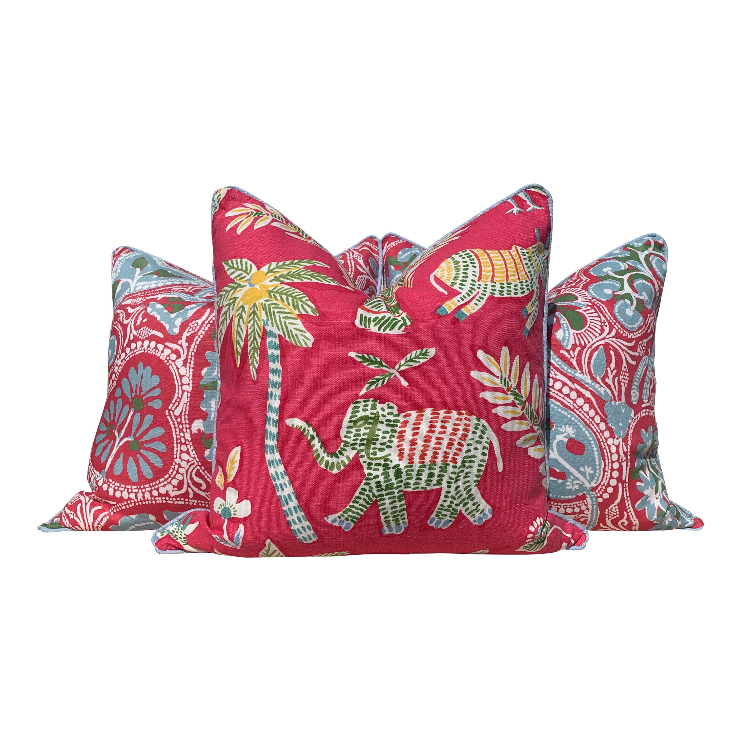 Thibaut Cochin Linen Pillow Features Floral Design in Fuchsia, Pink, Light Blue, Green.