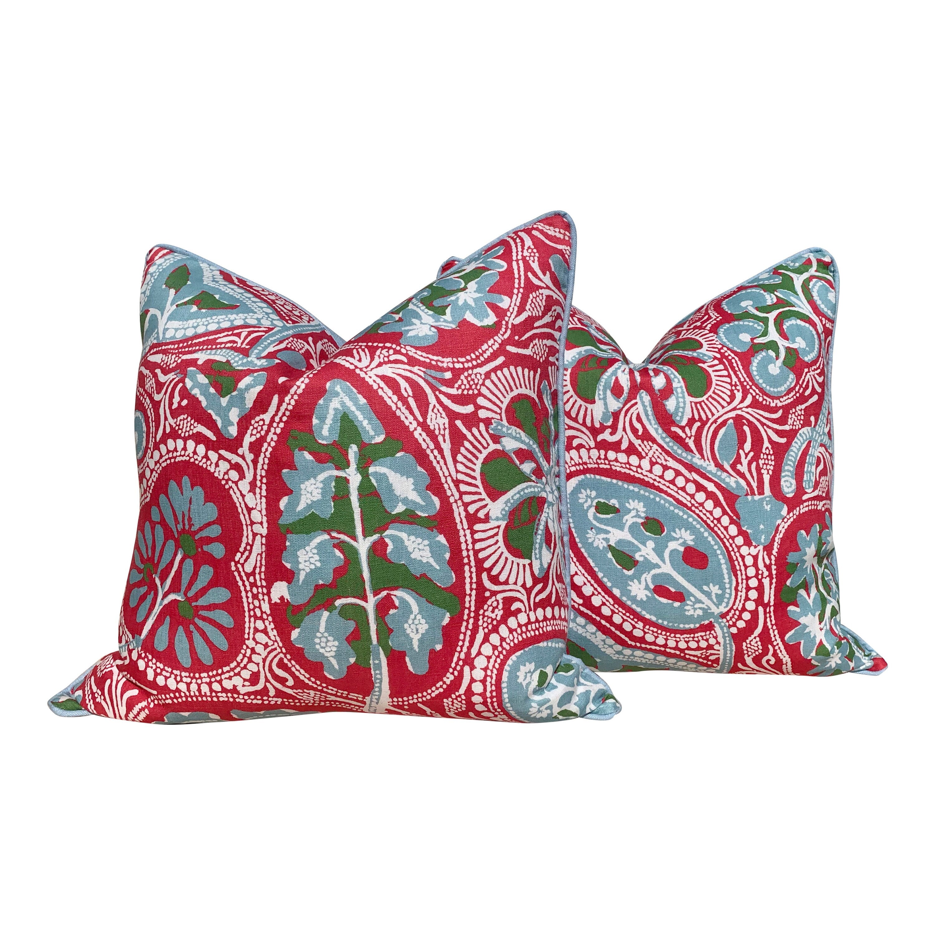 Thibaut Cochin Linen Pillow Features Floral Design in Fuchsia, Pink, Light Blue, Green.