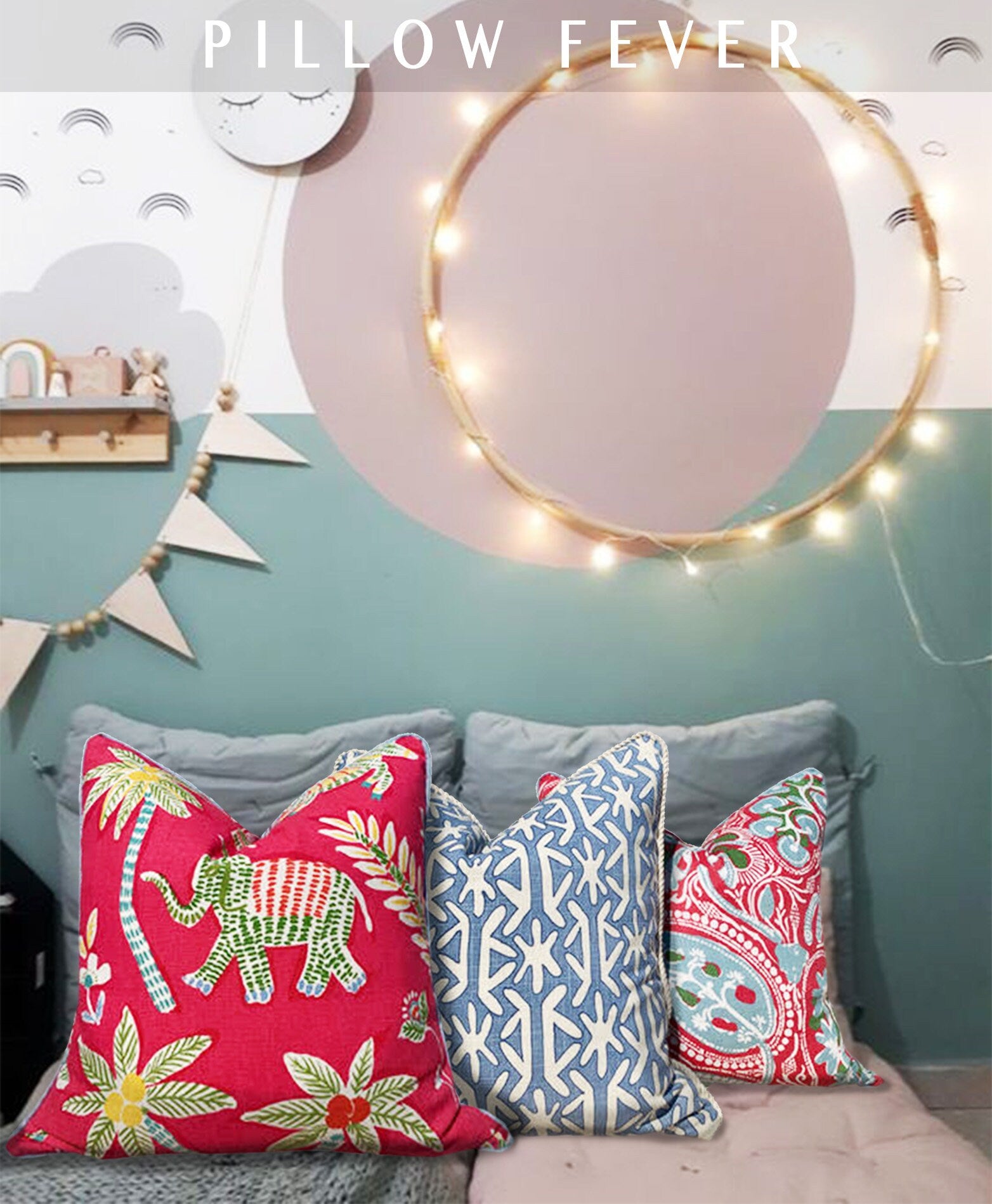 Thibaut Cochin Linen Pillow Features Floral Design in Fuchsia, Pink, Light Blue, Green.
