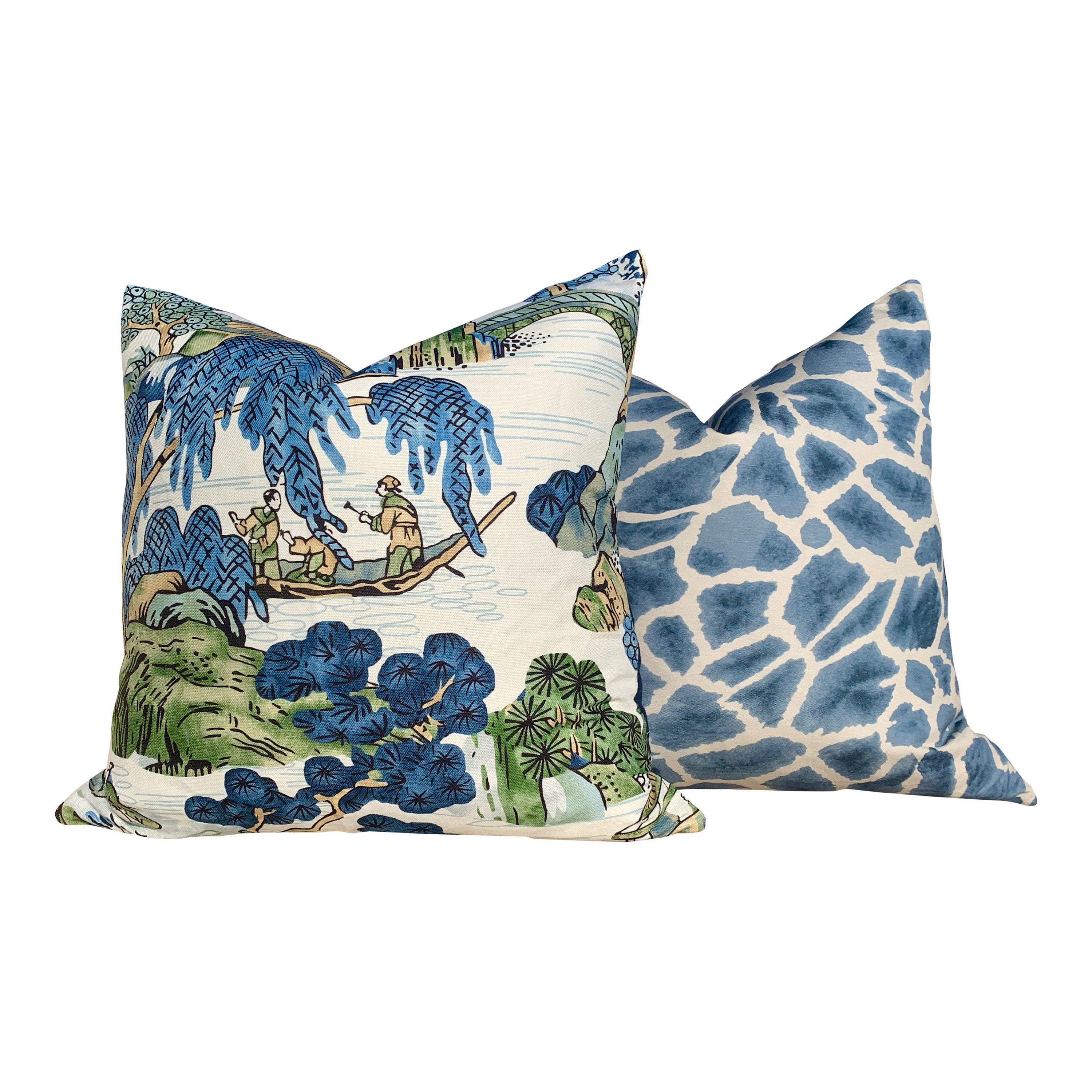 Thibaut Asian Scenic Pillow in Deep Blue and Green Colors.