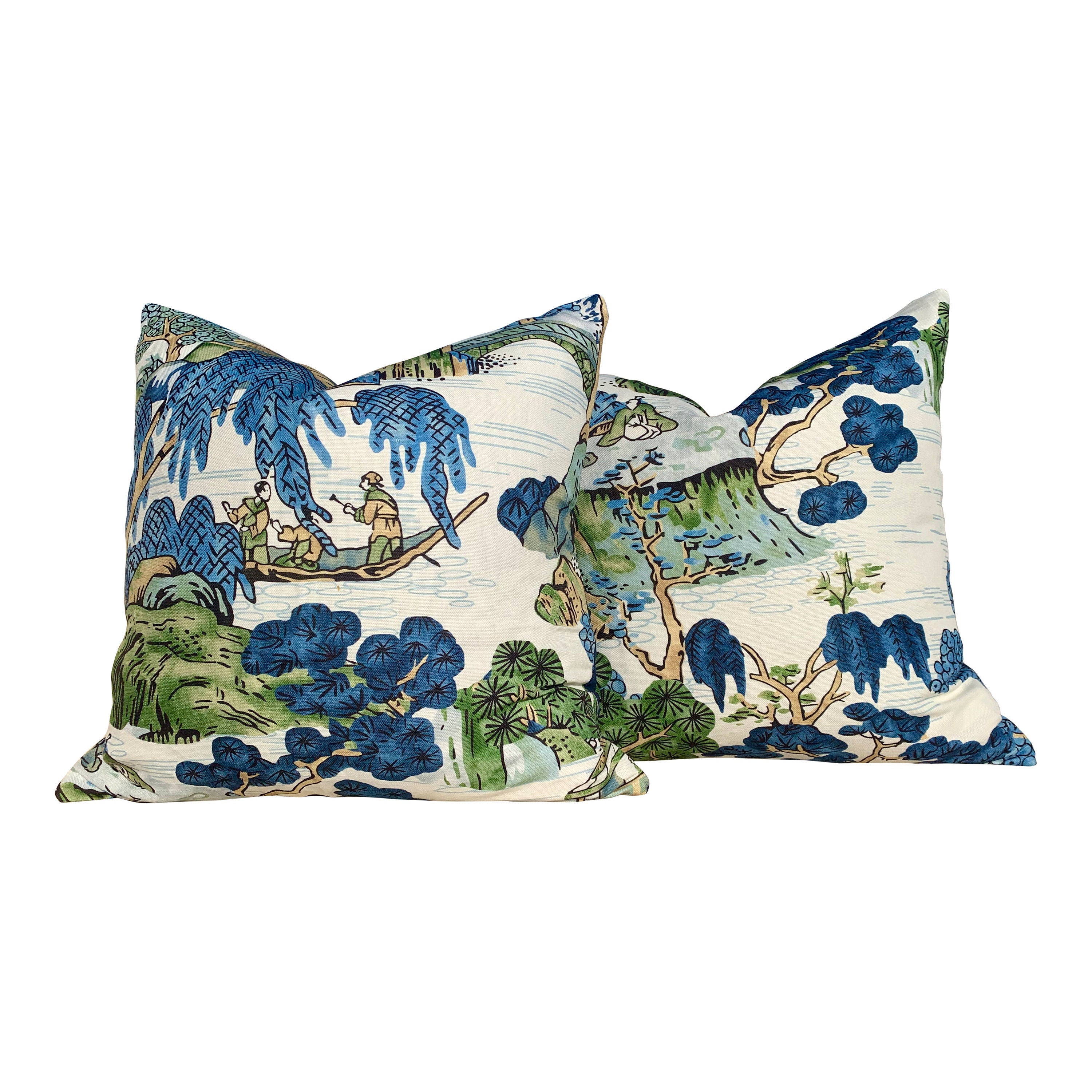 Thibaut Asian Scenic Pillow in Deep Blue and Green Colors.