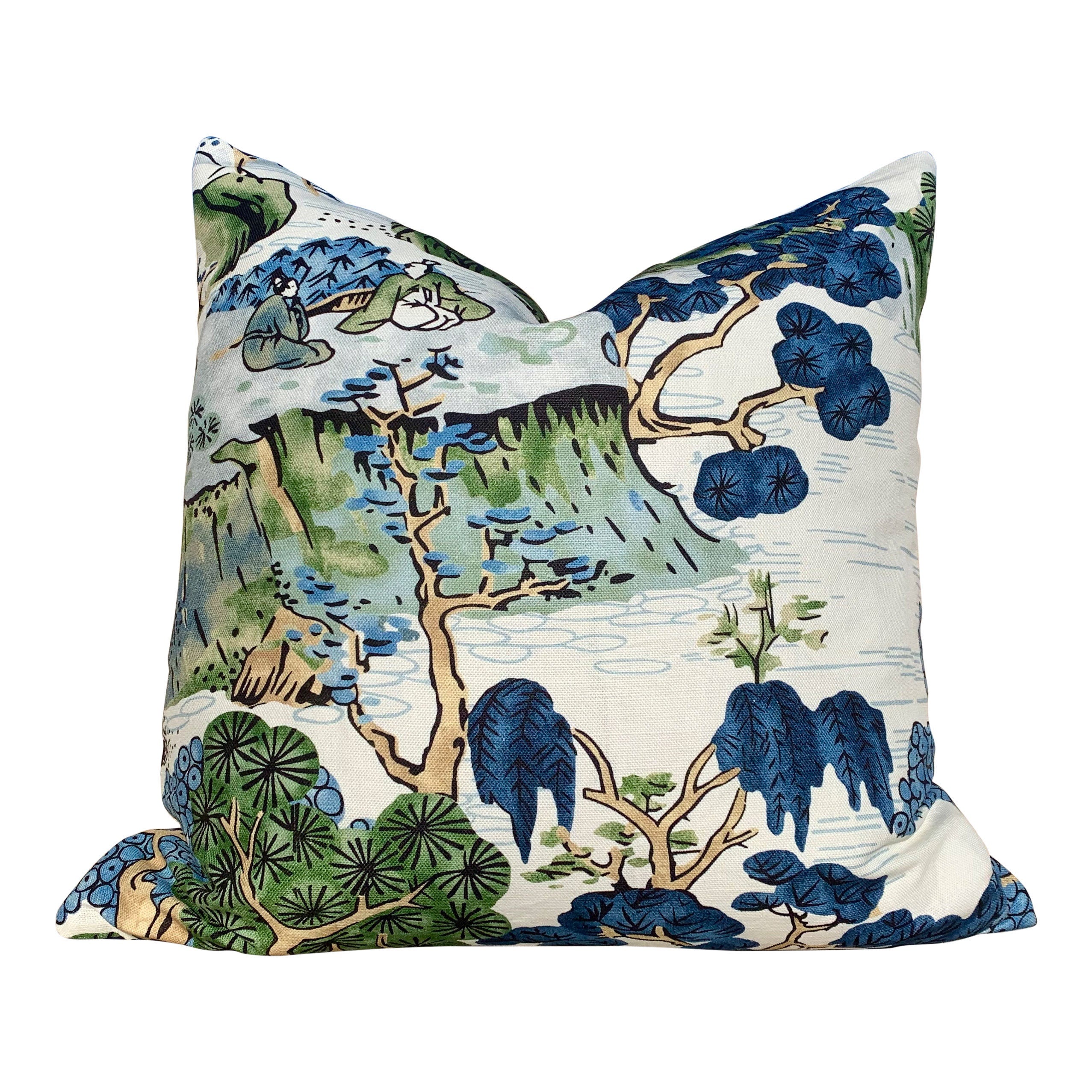 Thibaut Asian Scenic Pillow in Deep Blue and Green Colors.