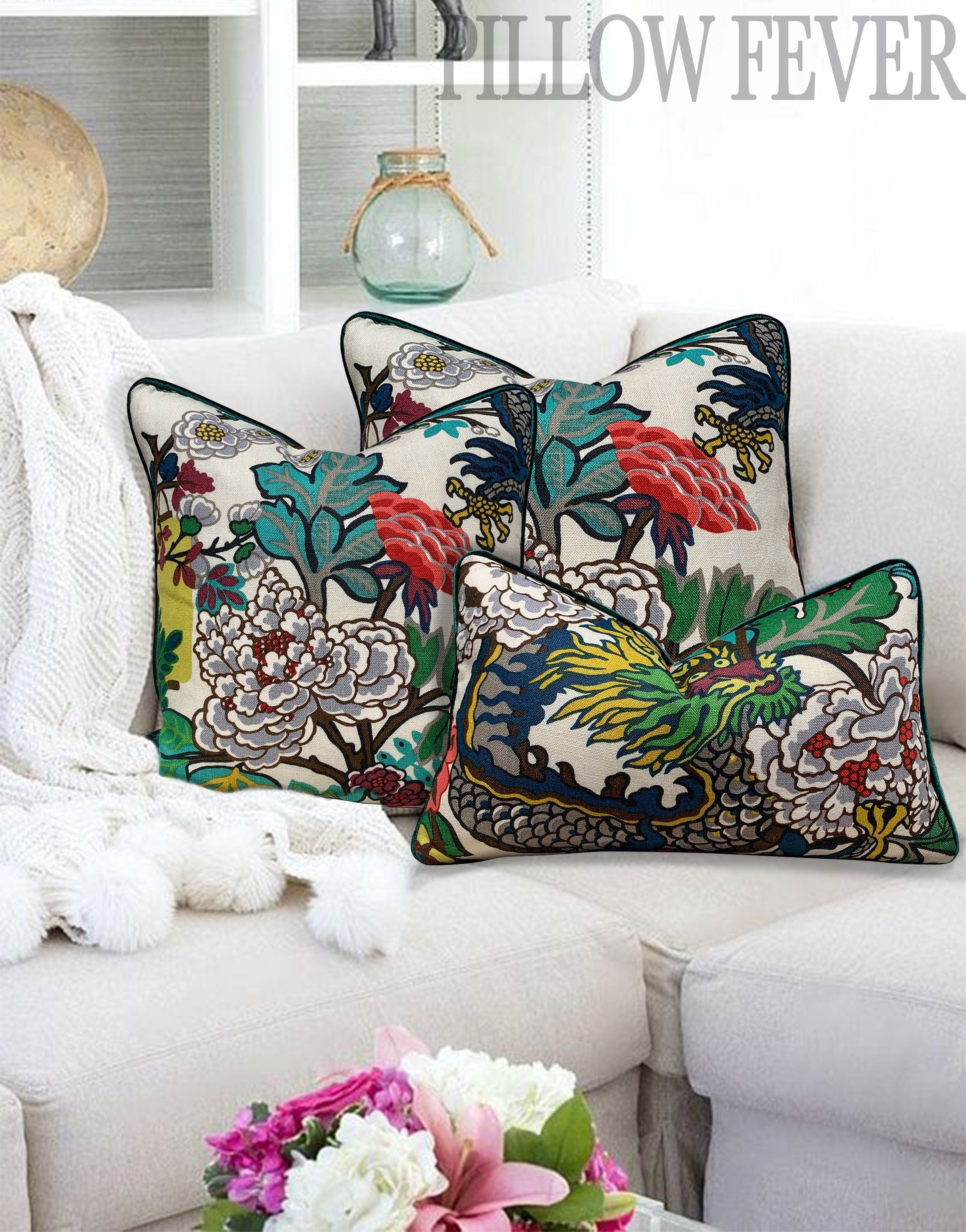 Schumacher Chiang Mai Dragon Floral Pillow in Alabaster.