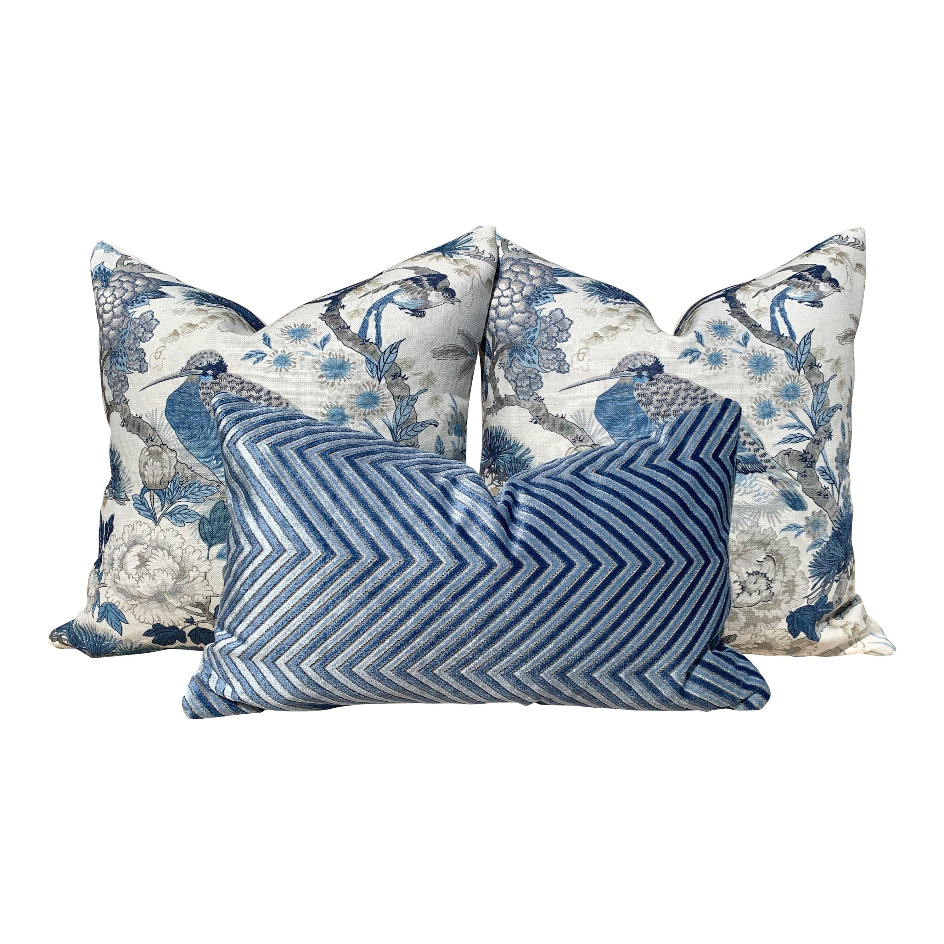 Designer Chevron Velvet Pillow Blue. Designer Zig Zag Velvet Pillow, Euro Sham Cushions, Geometric Throw Pillows, Decorative Accent Pillows