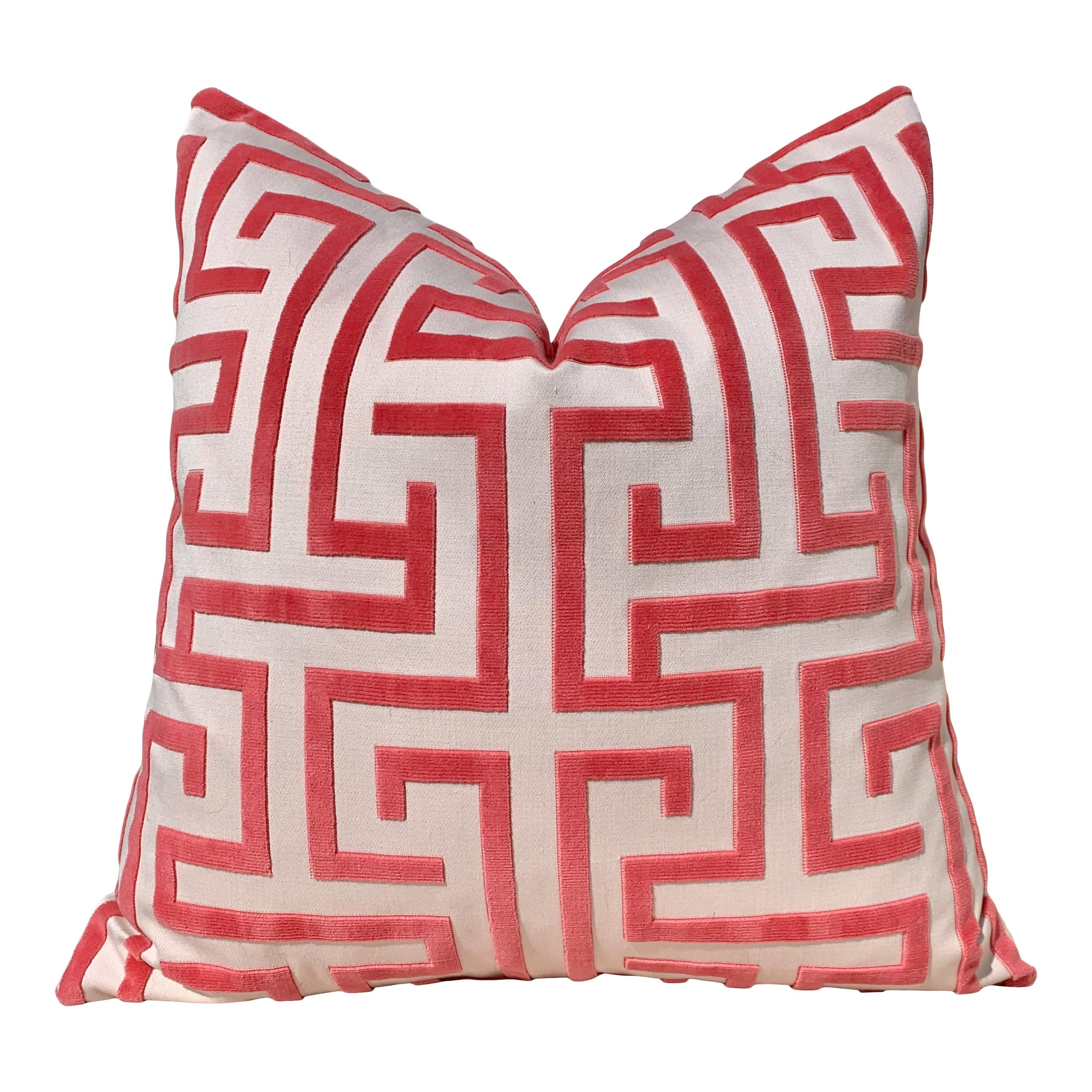 Thibaut Ming Trail Pillow in Red. Designer Pillows, Raised Velvet Pillows, High End Pillows, Geometric Velvet Pillow, Velvet Round Bolster