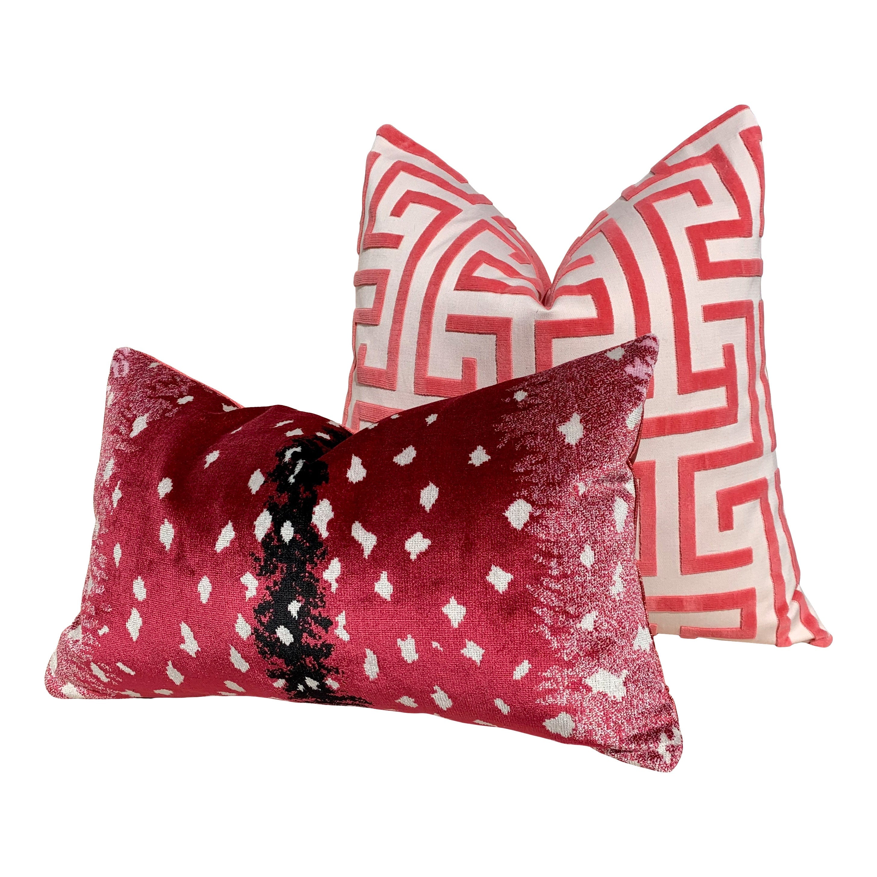 Thibaut Ming Trail Pillow in Red. Designer Pillows, Raised Velvet Pillows, High End Pillows, Geometric Velvet Pillow, Velvet Round Bolster
