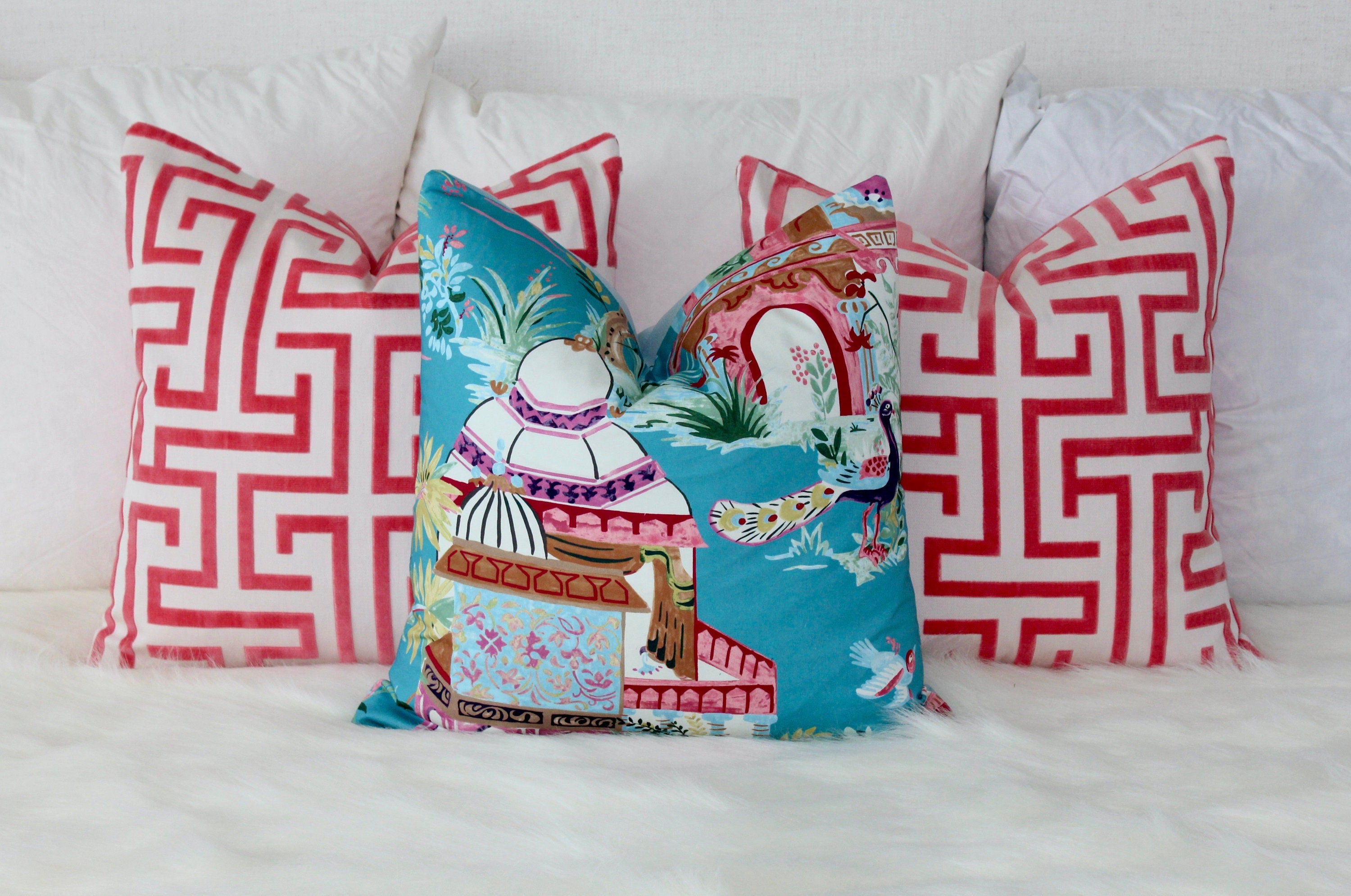 Thibaut Ming Trail Pillow in Red. Designer Pillows, Raised Velvet Pillows, High End Pillows, Geometric Velvet Pillow, Velvet Round Bolster