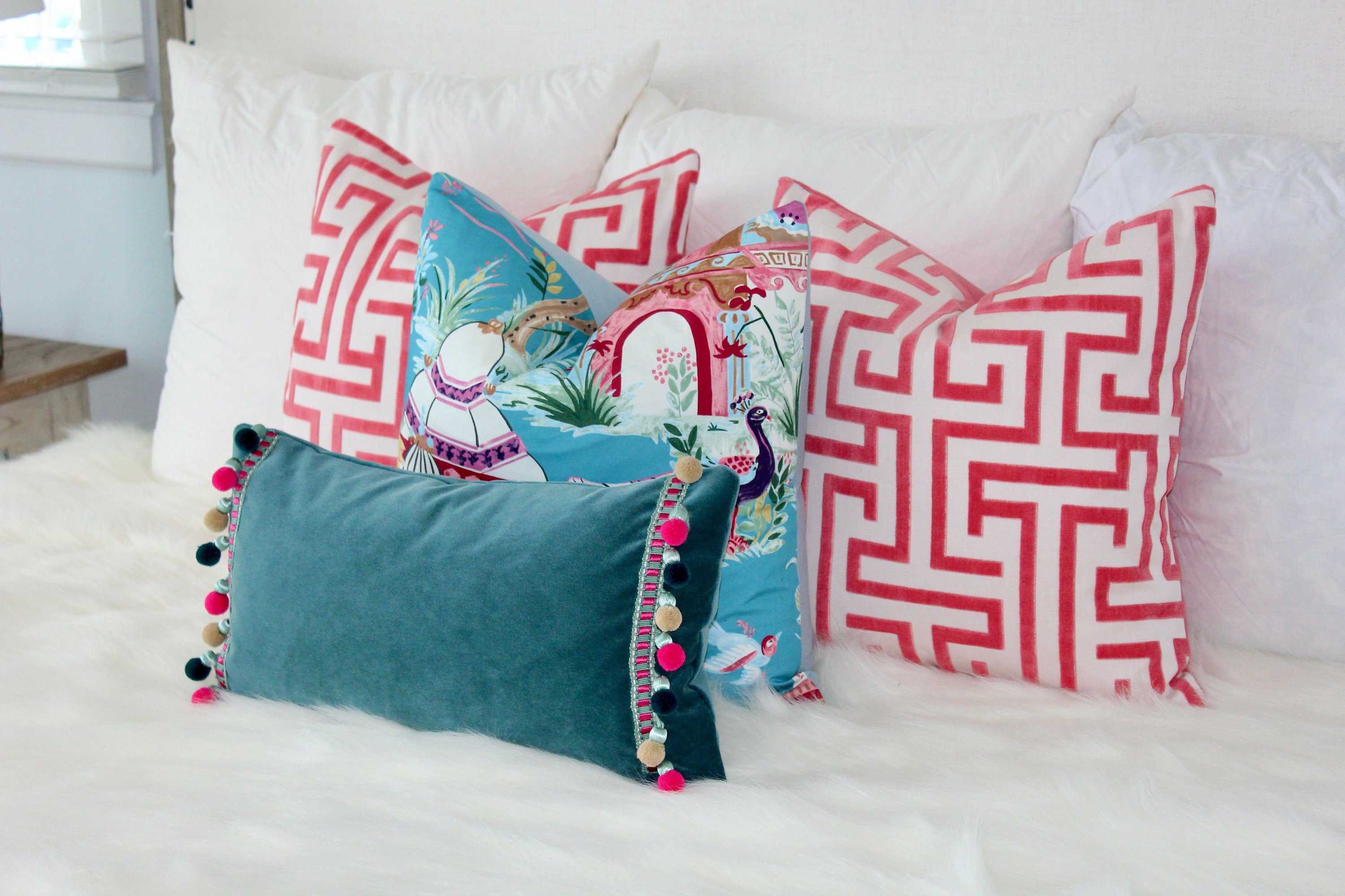 Thibaut Ming Trail Pillow in Red. Designer Pillows, Raised Velvet Pillows, High End Pillows, Geometric Velvet Pillow, Velvet Round Bolster