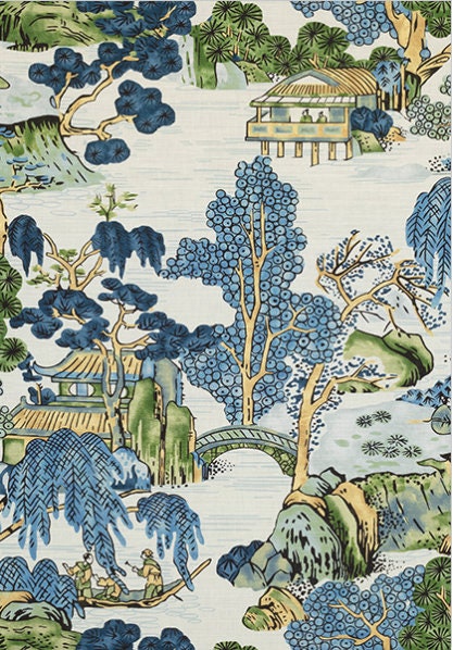 Thibaut Asian Scenic Pillow in Deep Blue and Green Colors.