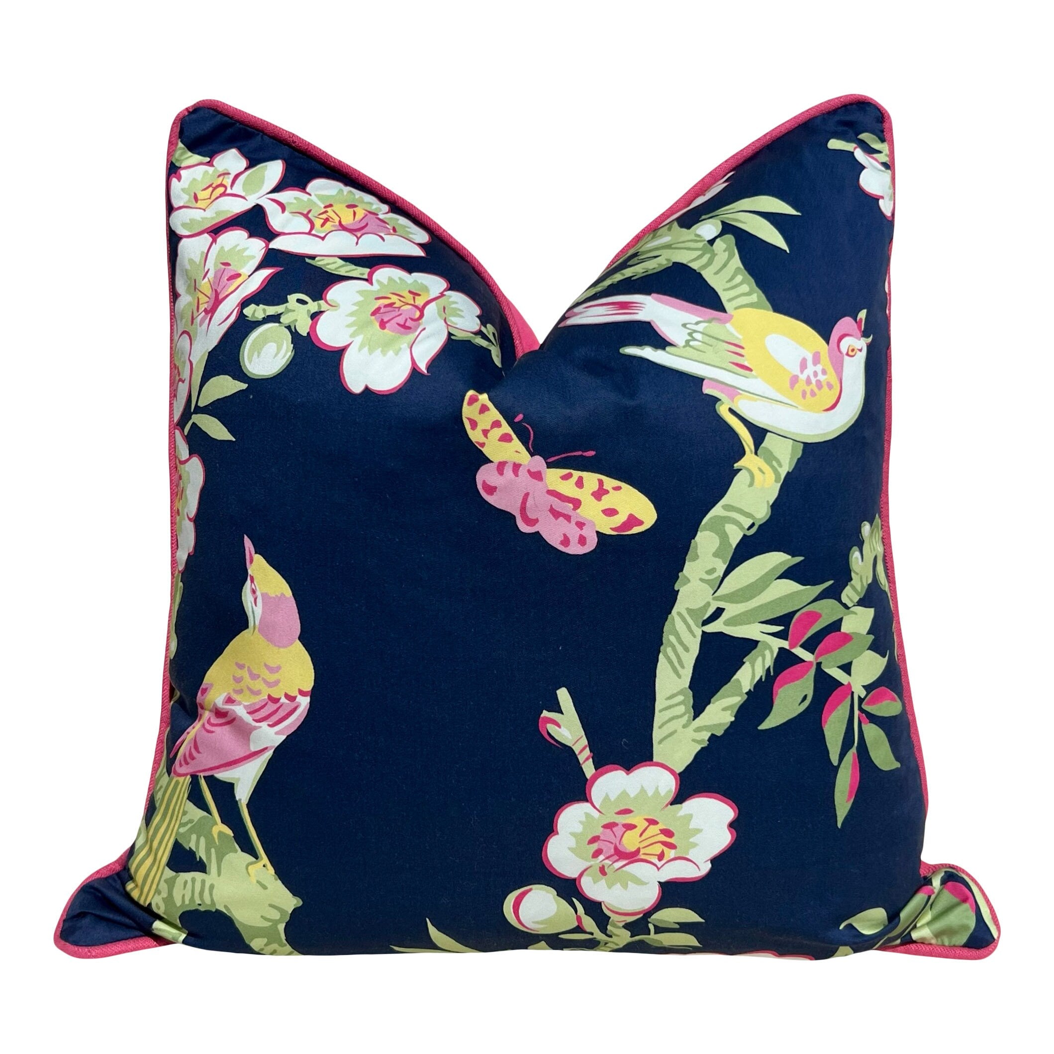 Thibaut Yukio Pillow in Navy and Fuchsia Chinoiserie Cushion Cover E PillowFever