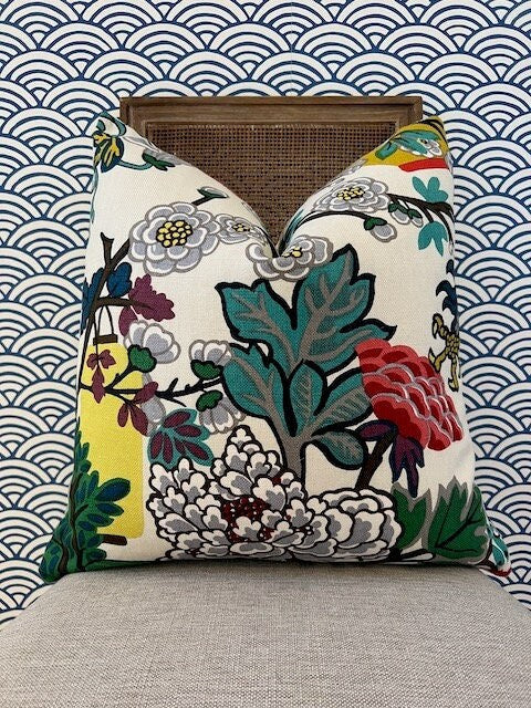 Schumacher Chiang Mai Dragon Floral Pillow in Alabaster.