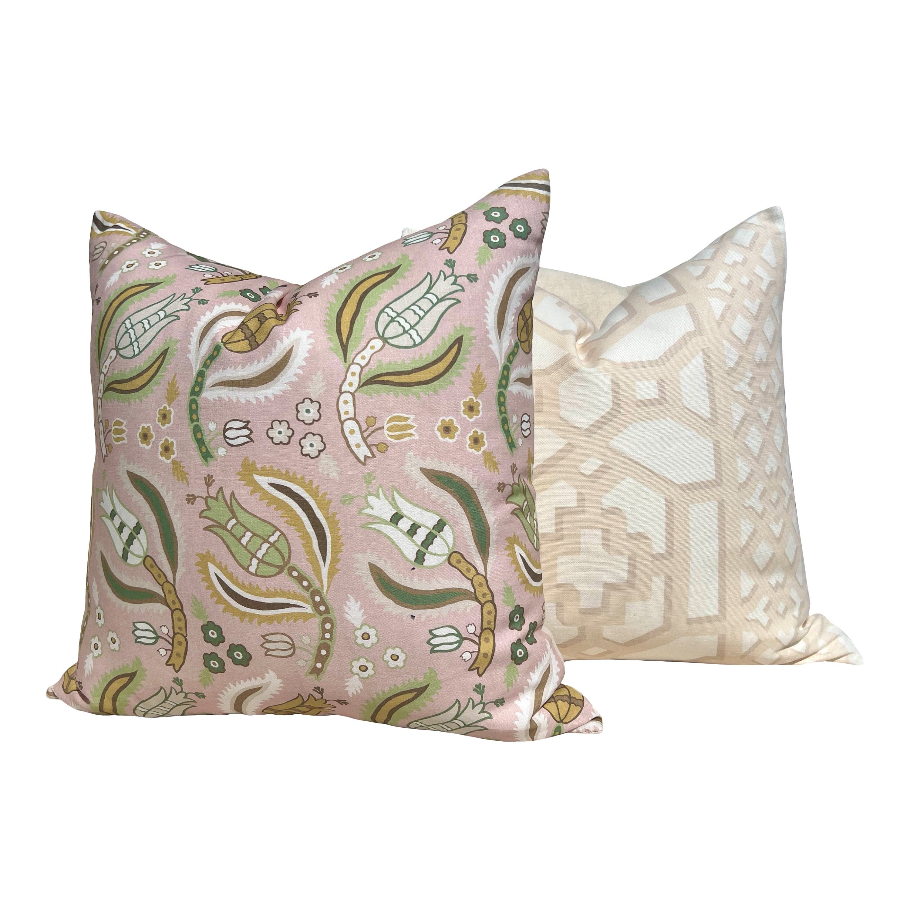 Schumacher Zanzibar Trellis Pillow in Blush. Designer Geometric Pillows, High End Blush Pillow Covers, Accent Throw Pillows, Euro Sham Cover
