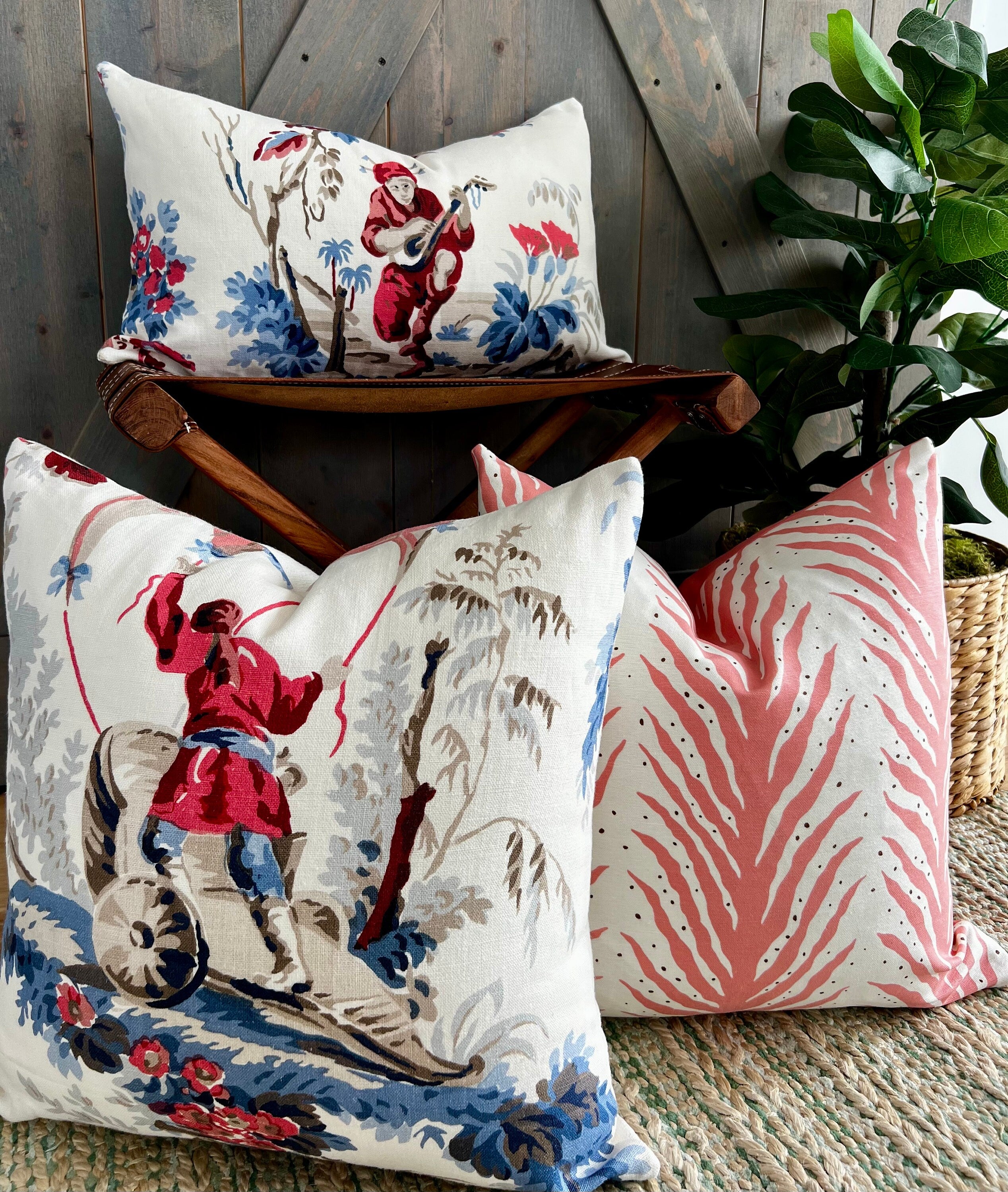 Schumacher Creeping Fern Pillow Coral. High End Pillows, Striped Lumbar Pillow in Coral, Designer Modern Throw Cushion, Euro Sham 26x26