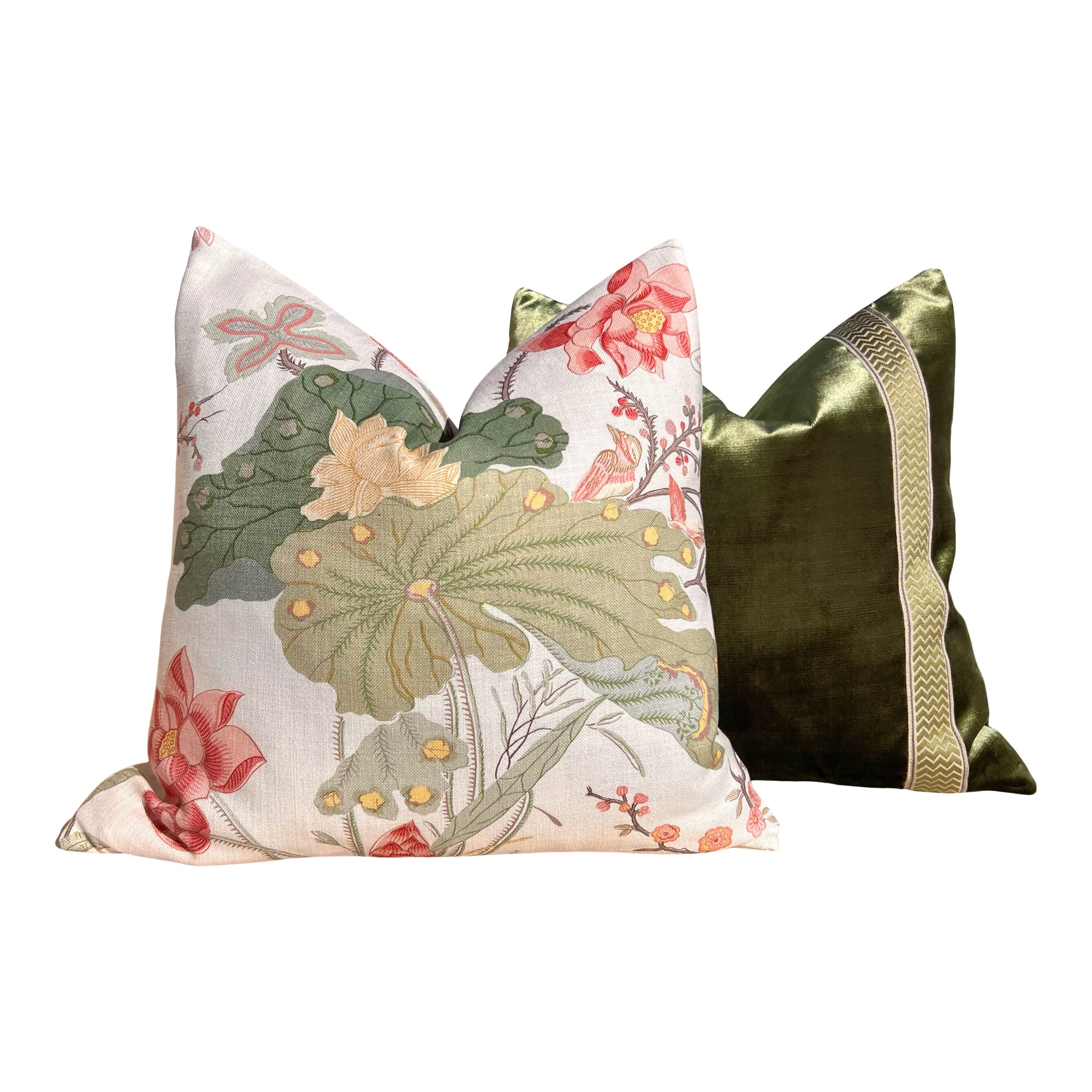 Lee Jofa Luzon Pillow in Spring. Decorative Linen Pillows, Designer Exotic Bird Pillows Luxury Botanical Pillow High End Cream, Green, Aqua