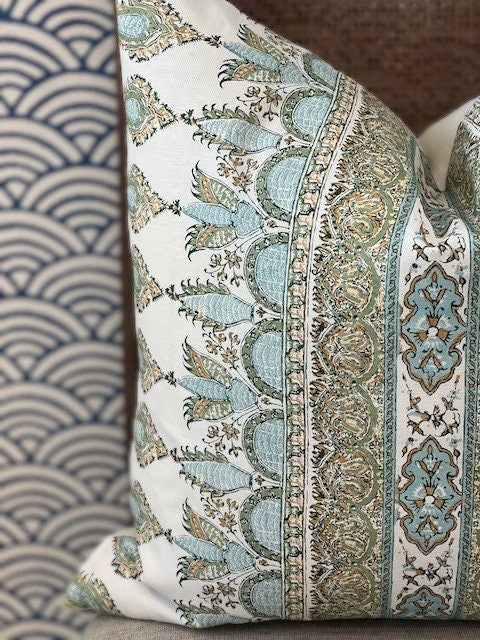 Thibaut Akola Striped Pillow Seaglass and Gold. High End Pillows, Euro Sham Cover Spa Blue, Designer Pillows, Accent Stripe Pillow in Aqua
