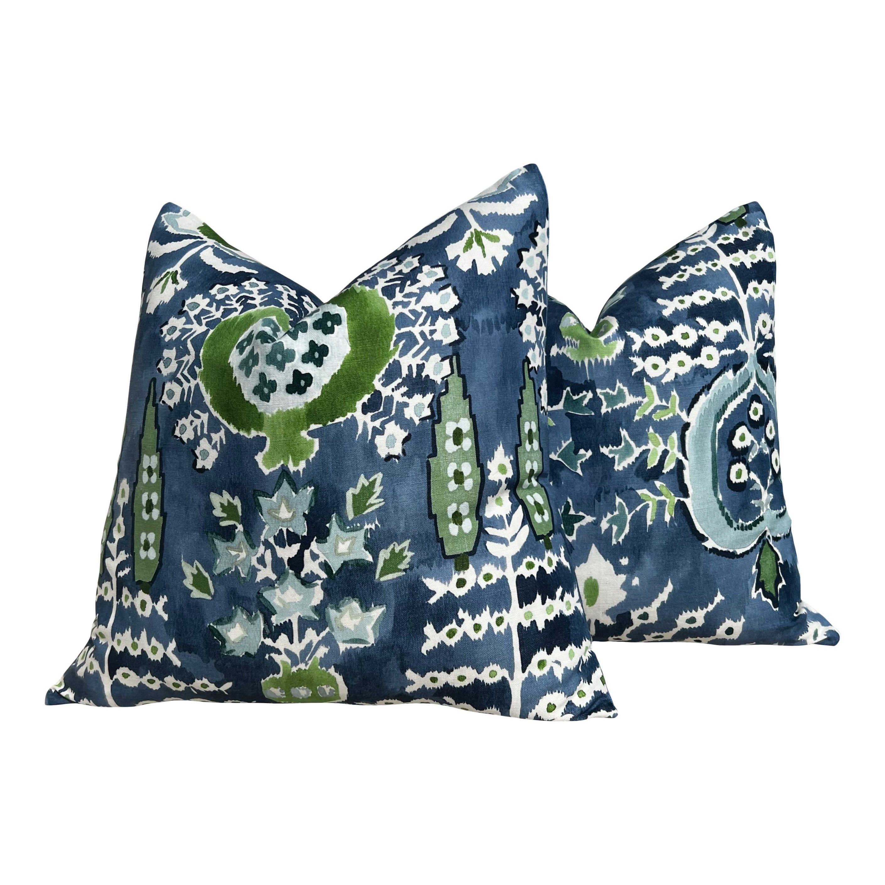 Thibaut Mendoza Suzani Pillow in Blue and Green. Decorative High End Pillow Covers, Euro Sham Cover, Accent Lumbar Pillows, Medallion Pillow
