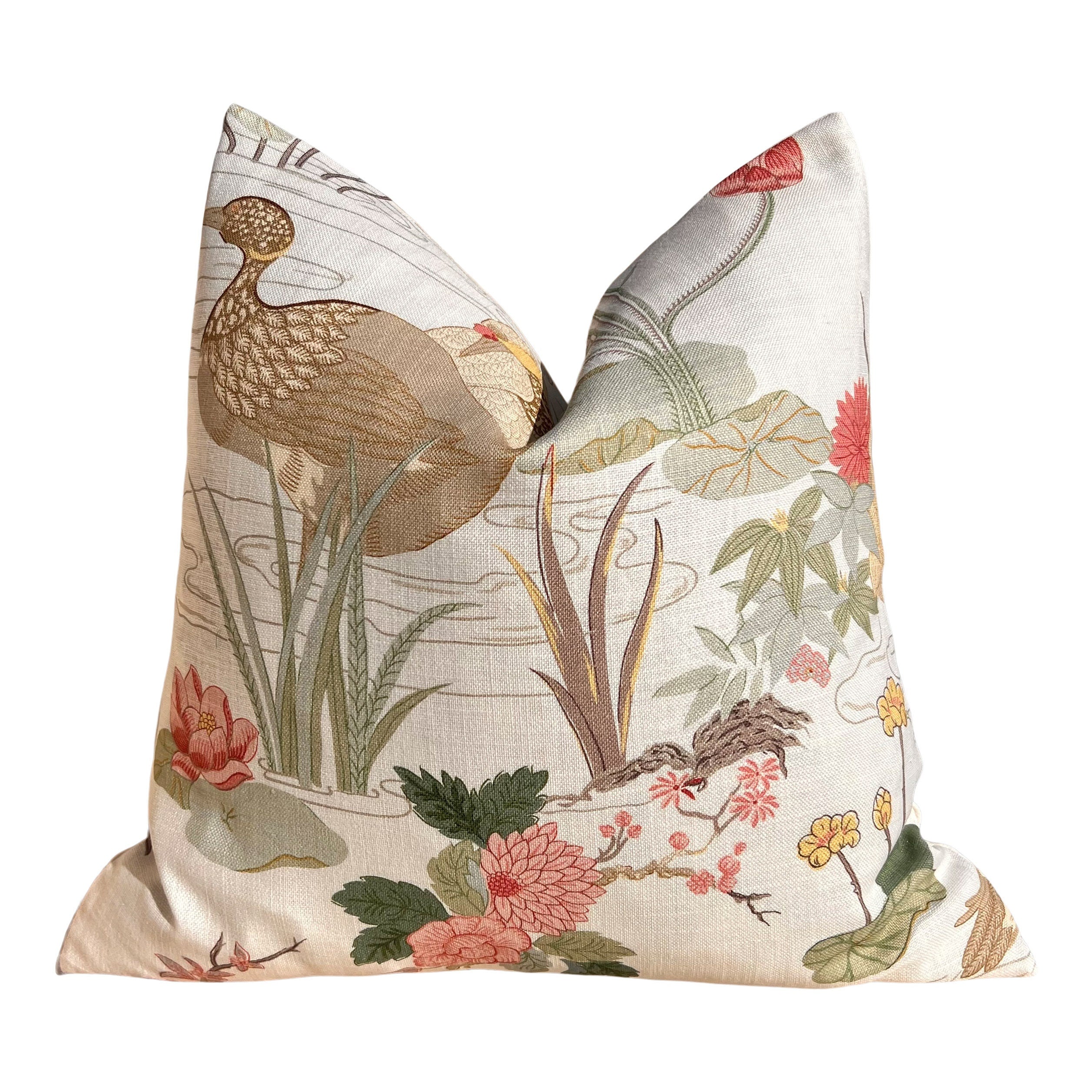 Lee Jofa Luzon Pillow in Spring. Decorative Linen Cream Pillow, Designer Exotic Bird Pillows,Accent Botanical Pillow, Euro Sham Cover 26x26