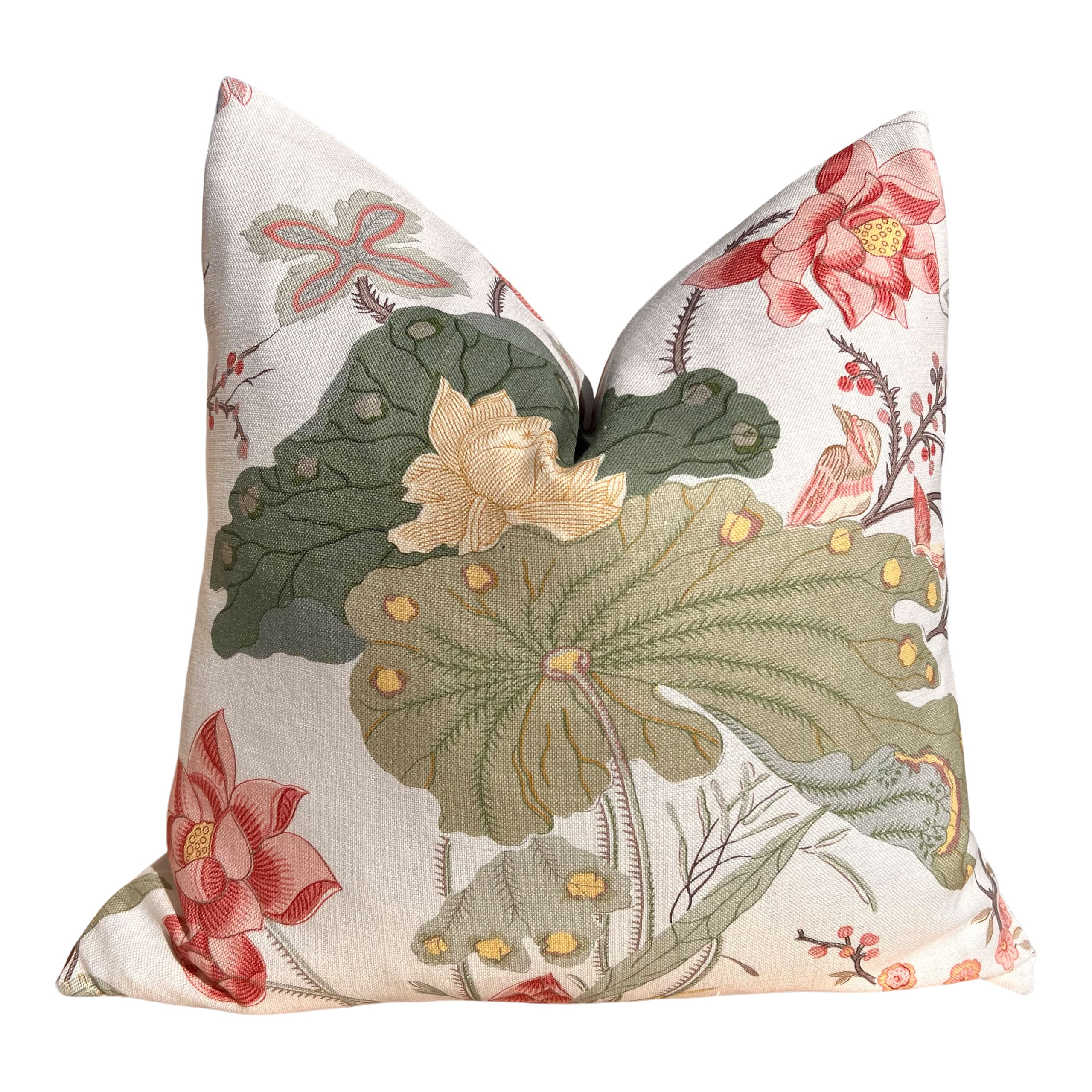 Lee Jofa Luzon Pillow in Spring. Decorative Linen Pillows, Designer Exotic Bird Pillows Luxury Botanical Pillow High End Cream, Green, Aqua