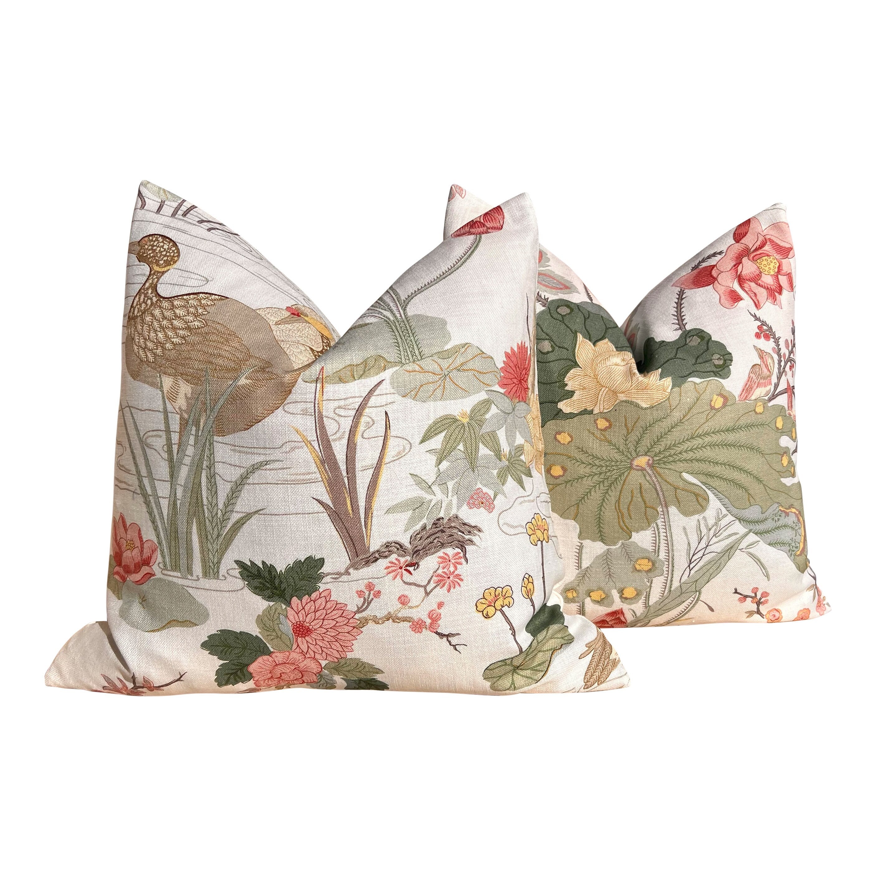 Lee Jofa Luzon Pillow in Spring. Decorative Linen Pillows, Designer Exotic Bird Pillows Luxury Botanical Pillow High End Cream, Green, Aqua