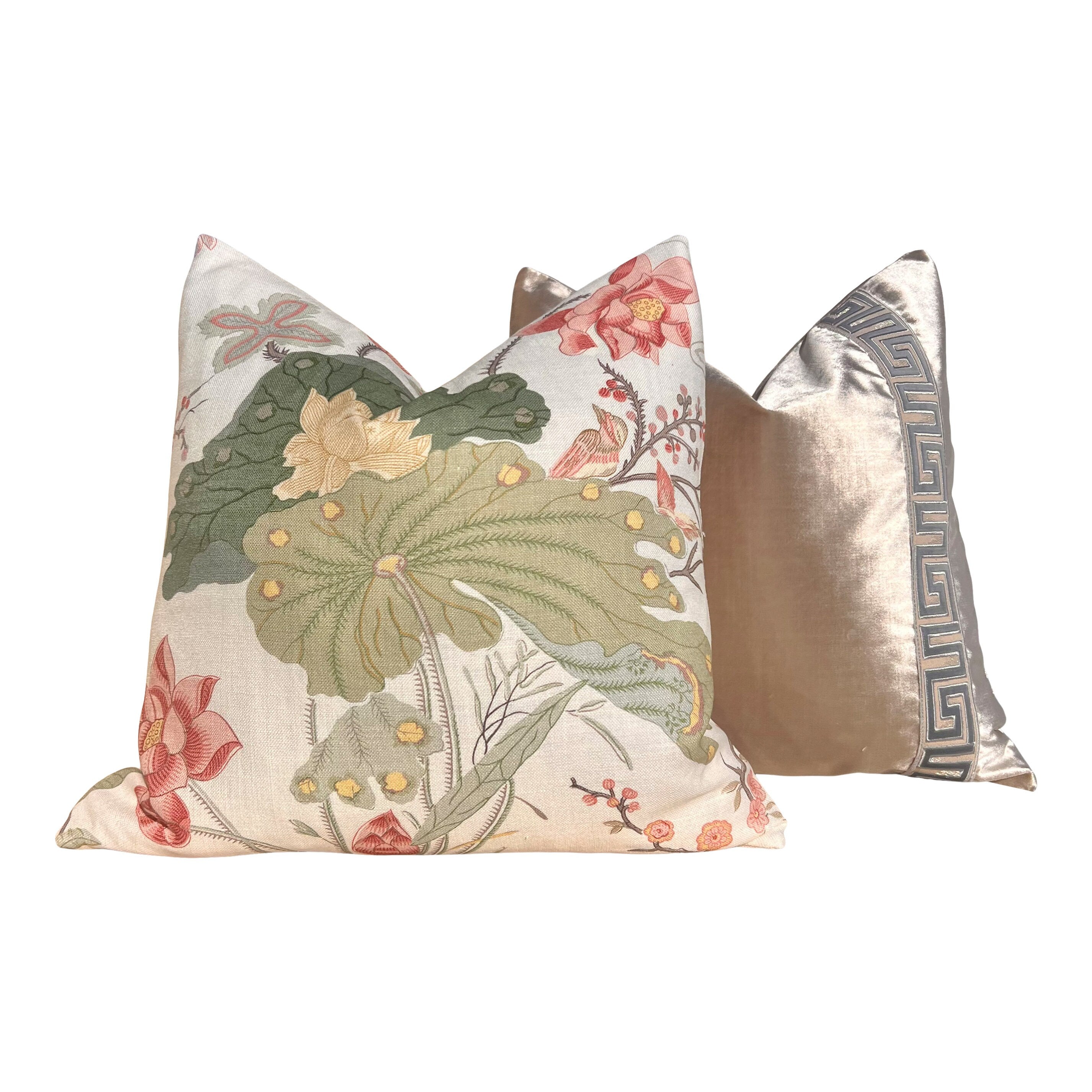 Lee Jofa Luzon Pillow in Spring. Decorative Linen Pillows, Designer Exotic Bird Pillows Luxury Botanical Pillow High End Cream, Green, Aqua