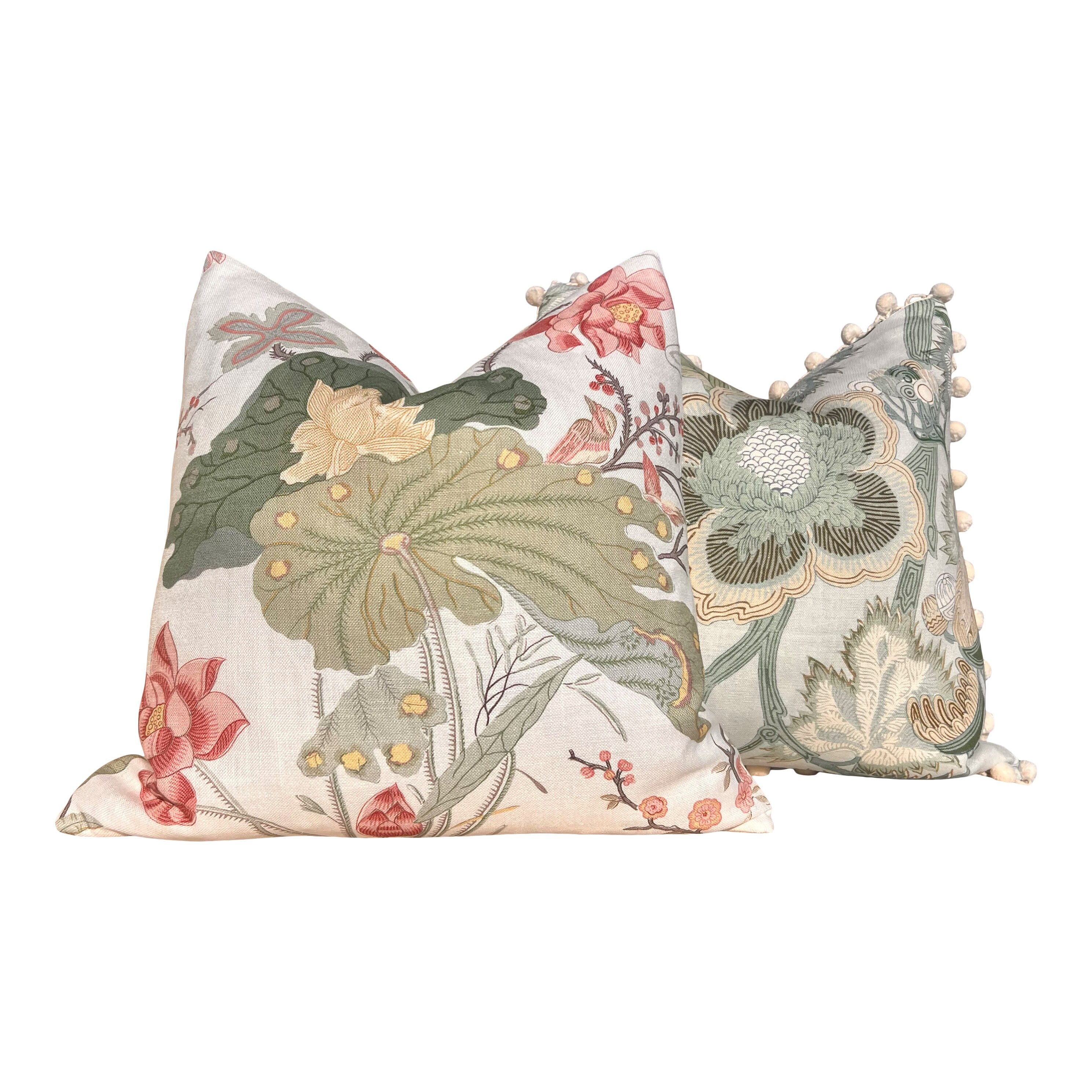 Lee Jofa Luzon Pillow in Spring. Decorative Linen Pillows, Designer Exotic Bird Pillows Luxury Botanical Pillow High End Cream, Green, Aqua