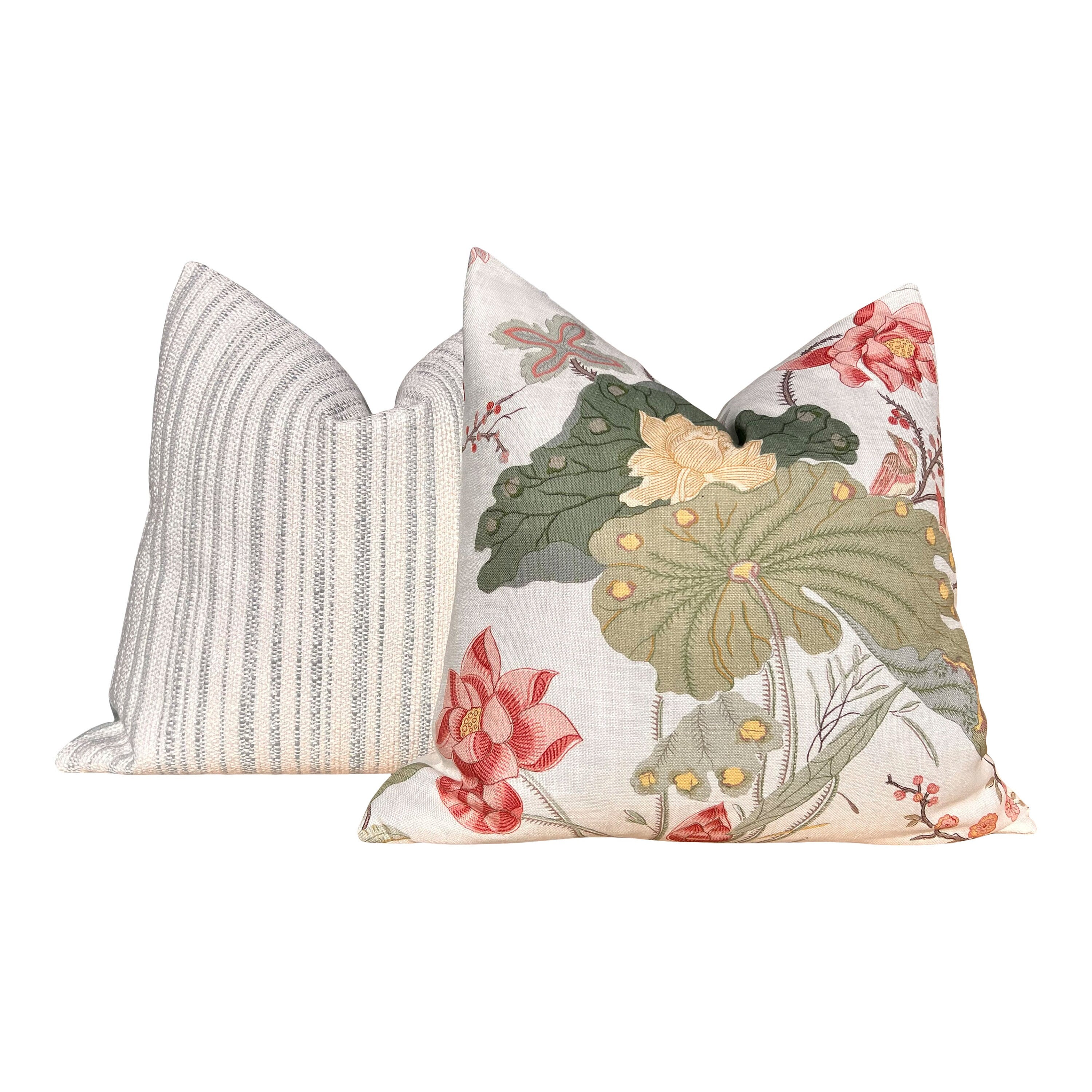Lee Jofa Luzon Pillow in Spring. Decorative Linen Pillows, Designer Exotic Bird Pillows Luxury Botanical Pillow High End Cream, Green, Aqua