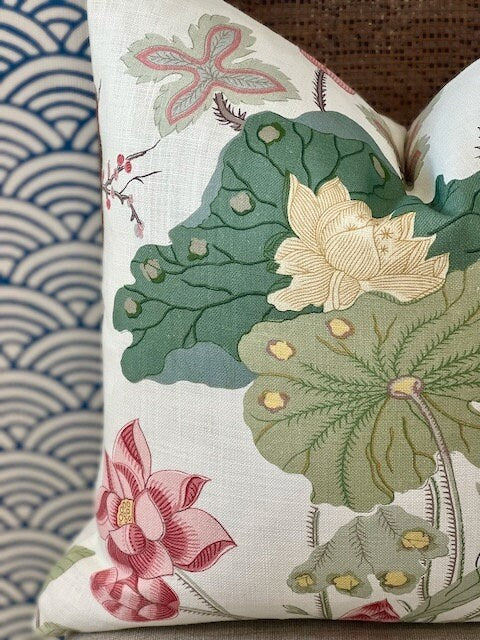 Lee Jofa Luzon Pillow in Spring. Decorative Linen Pillows, Designer Exotic Bird Pillows Luxury Botanical Pillow High End Cream, Green, Aqua