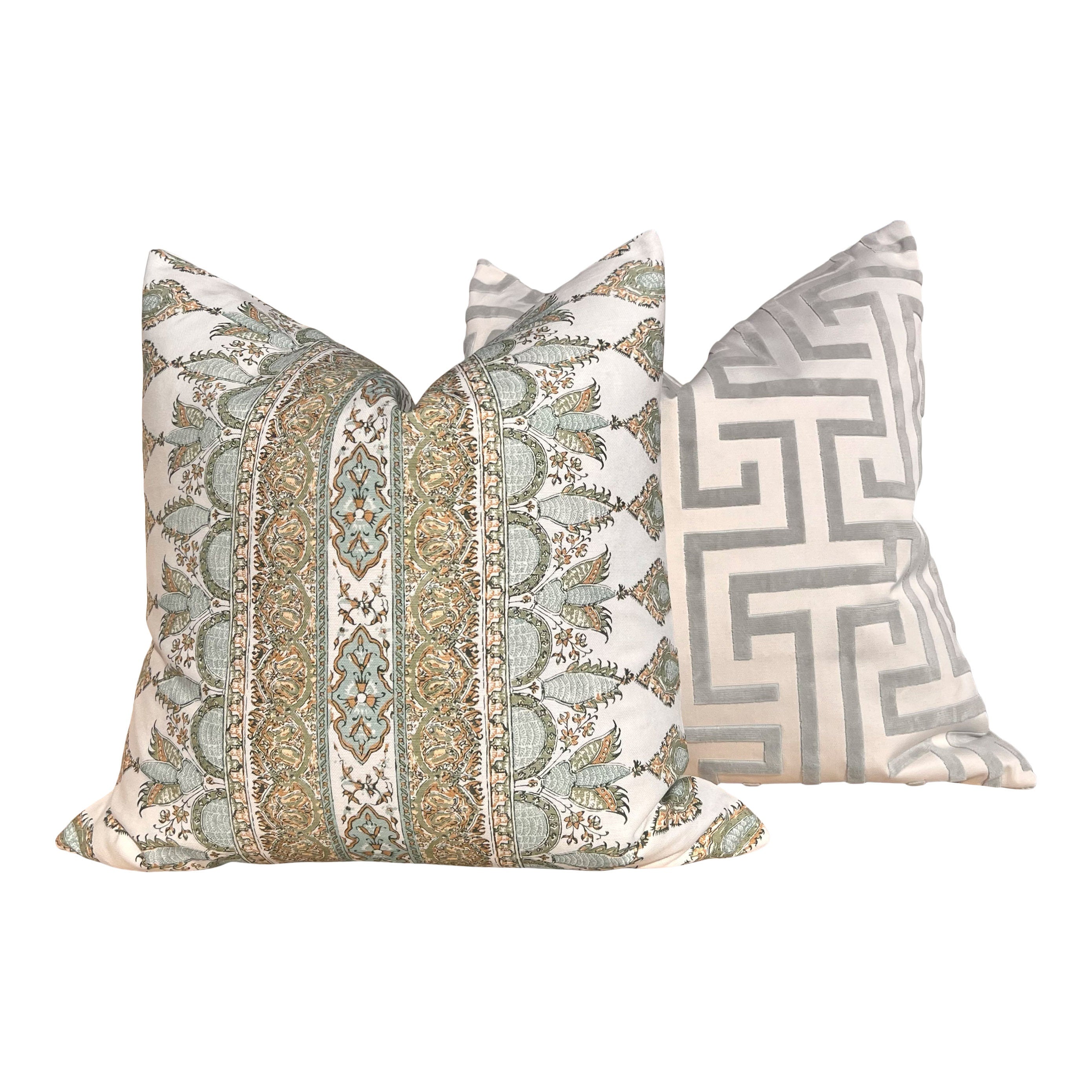 Thibaut Akola Striped Pillow Seaglass and Gold. High End Pillows, Euro Sham Cover Spa Blue, Designer Pillows, Accent Stripe Pillow in Aqua