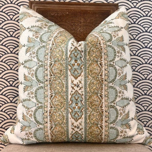 Thibaut Akola Striped Pillow Seaglass and Gold. High End Pillows, Euro Sham Cover Spa Blue, Designer Pillows, Accent Stripe Pillow in Aqua