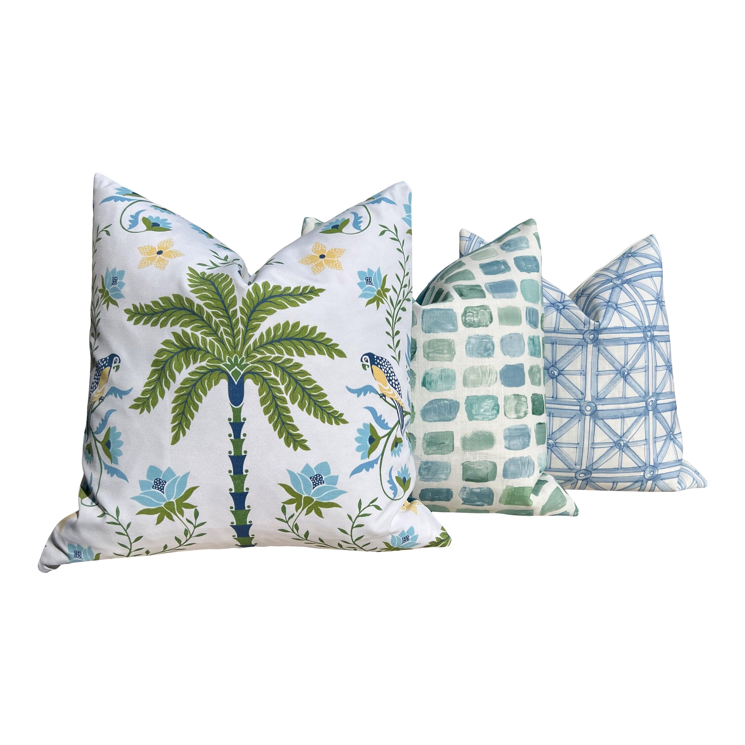 Schumacher Island Palm Outdoor Decorative Pillows. Designer Pillow Covers, Accent Blue Green Tropical Pillows, Hig End Outdoor Cushions