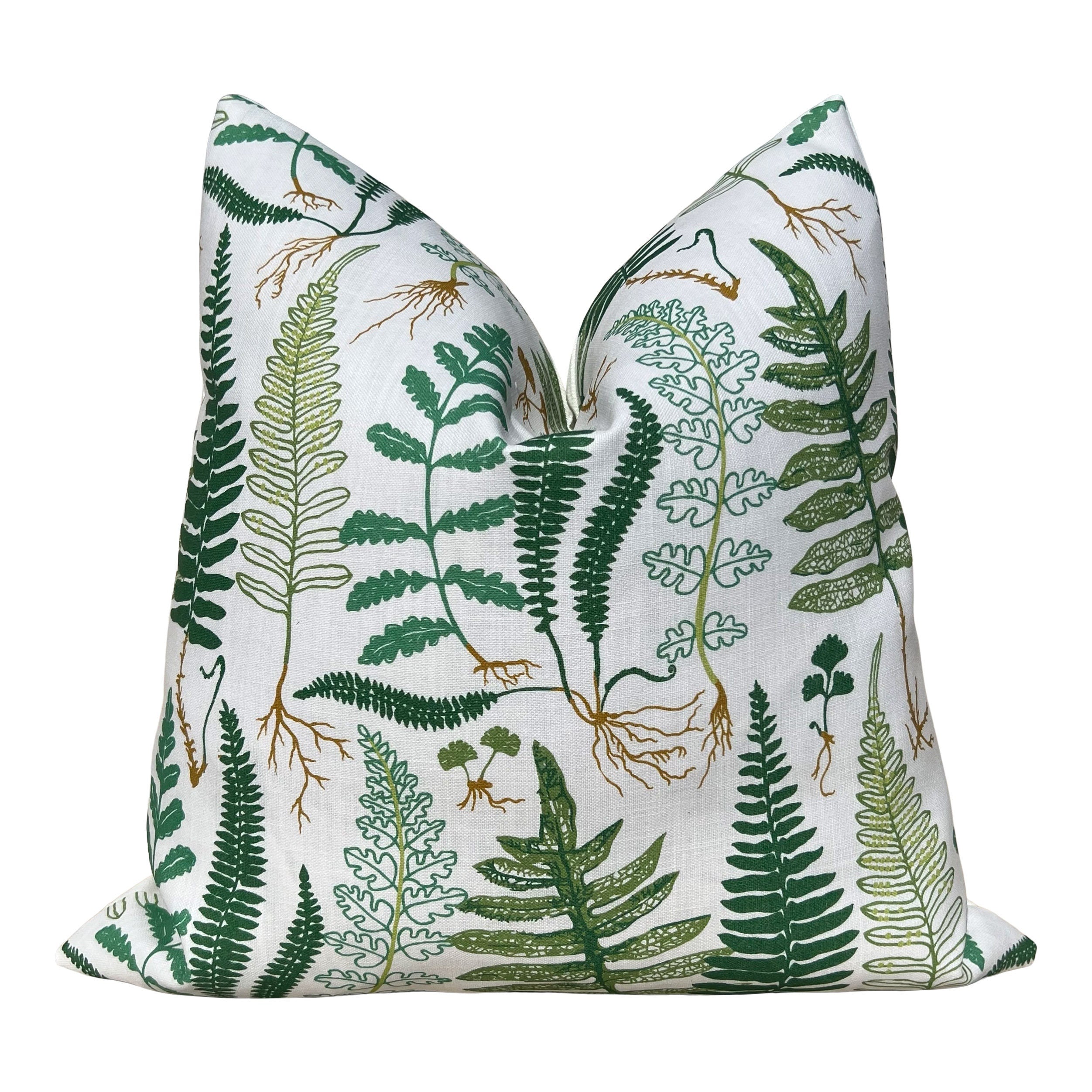 Schumacher Halcott Outdoor Decorative Pillows in Green. Designer Pillow Covers, Accent Fern Tropical Pillows, Hig End Patio Outdoor Pillows