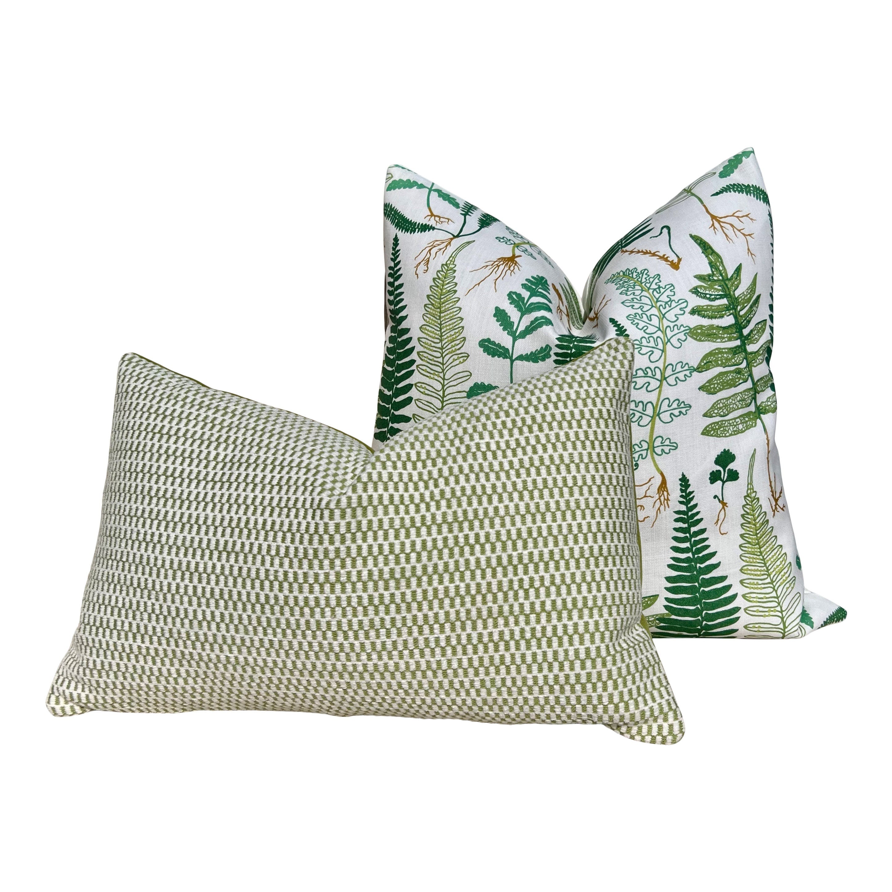 Schumacher Halcott Outdoor Decorative Pillows in Green. Designer Pillow Covers, Accent Fern Tropical Pillows, Hig End Patio Outdoor Pillows