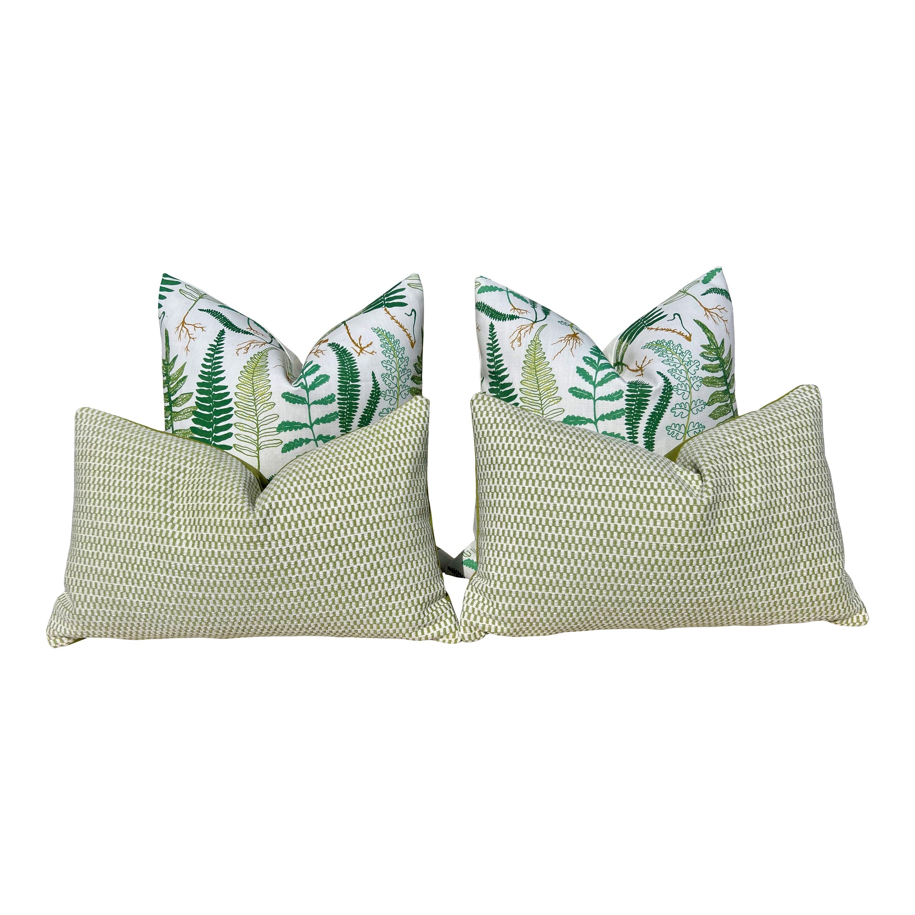 Schumacher Halcott Outdoor Decorative Pillows in Green. Designer Pillow Covers, Accent Fern Tropical Pillows, Hig End Patio Outdoor Pillows