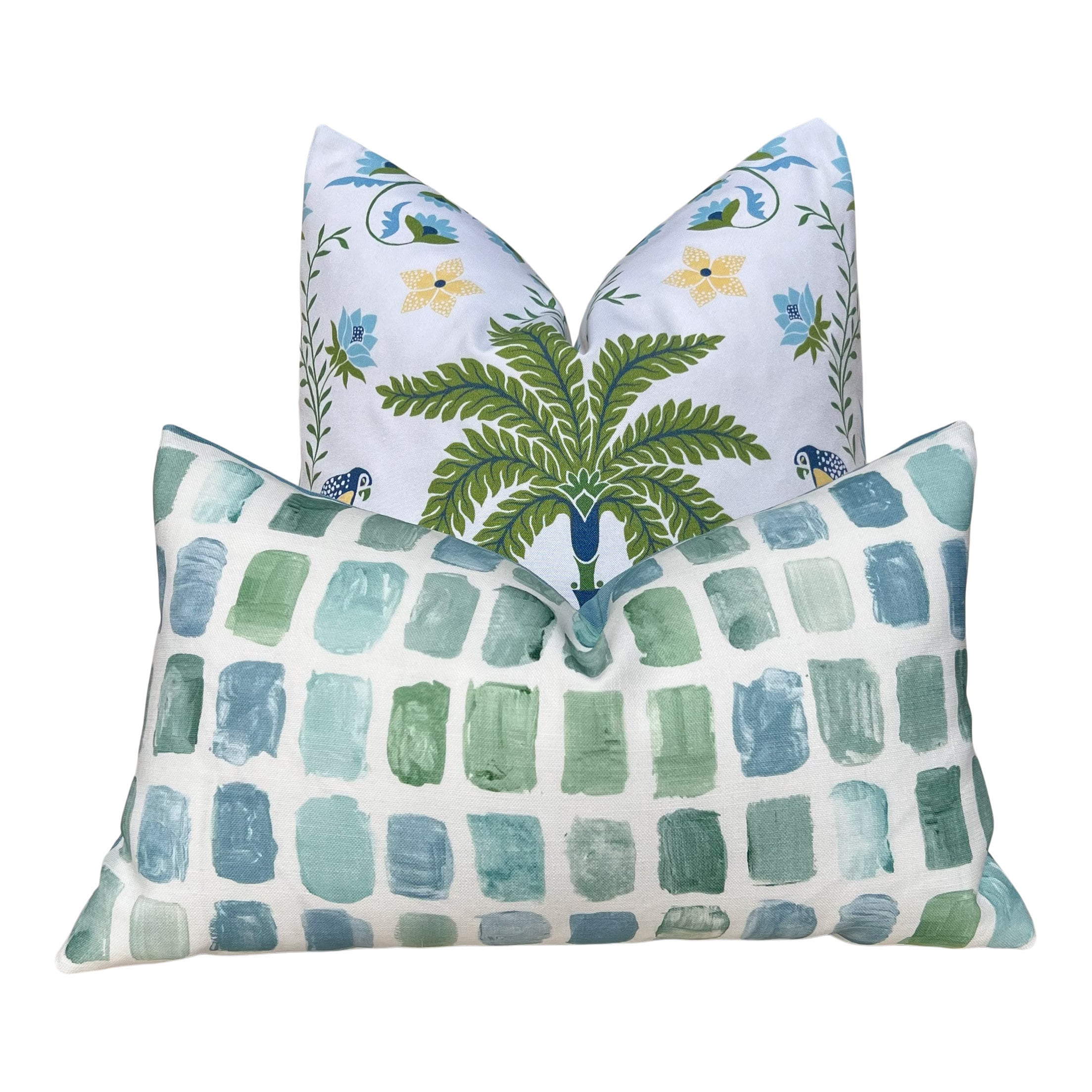 Schumacher Island Palm Outdoor Decorative Pillows. Designer Pillow Covers, Accent Blue Green Tropical Pillows, Hig End Outdoor Cushions