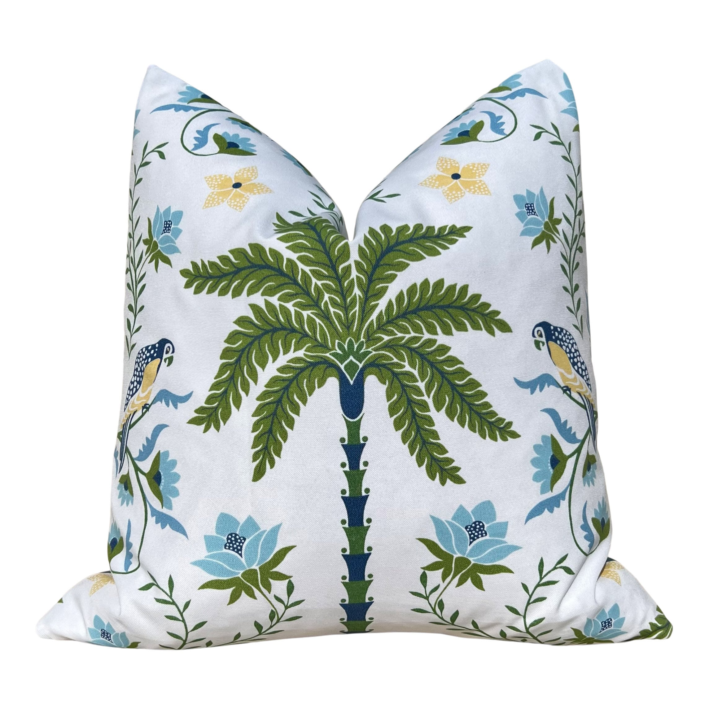 Schumacher Island Palm Outdoor Decorative Pillows. Designer Pillow Covers, Accent Blue Green Tropical Pillows, Hig End Outdoor Cushions