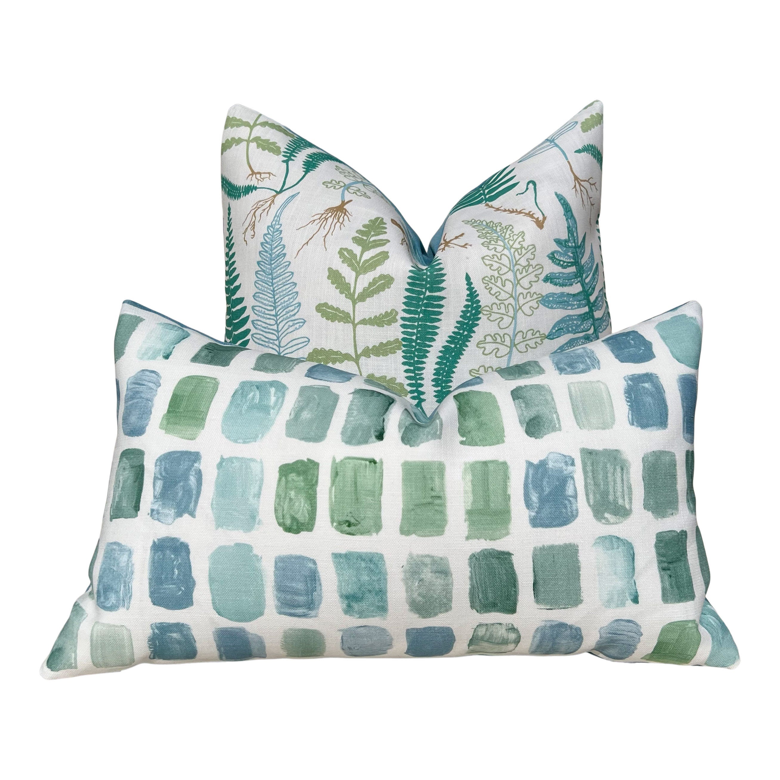 Schumacher Halcott Outdoor Decorative Pillows in Aqua. Designer Pillow Covers, Accent Fern Tropical Pillows, Hig End Patio Outdoor Pillows