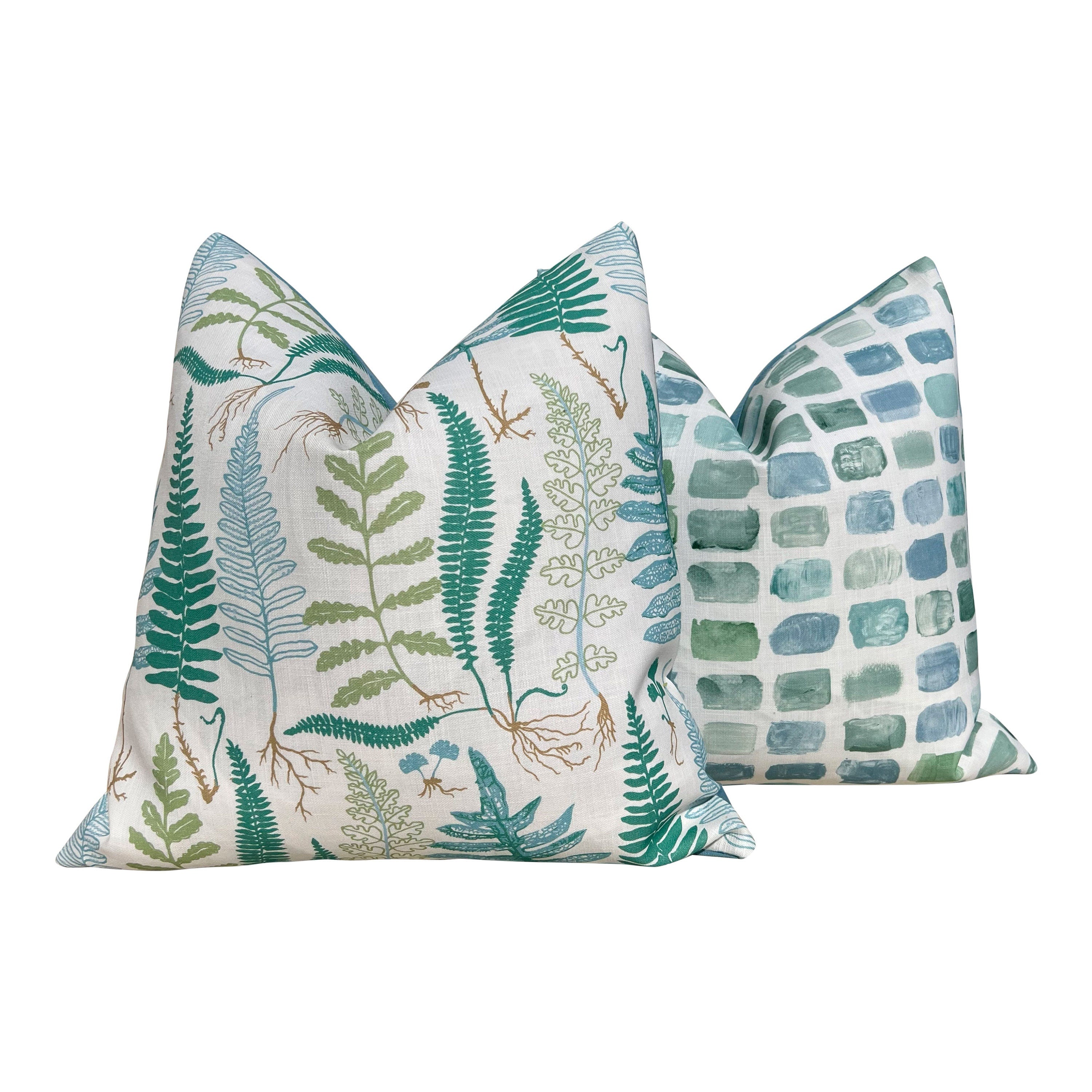 Schumacher Halcott Outdoor Decorative Pillows in Aqua. Designer Pillow Covers, Accent Fern Tropical Pillows, Hig End Patio Outdoor Pillows