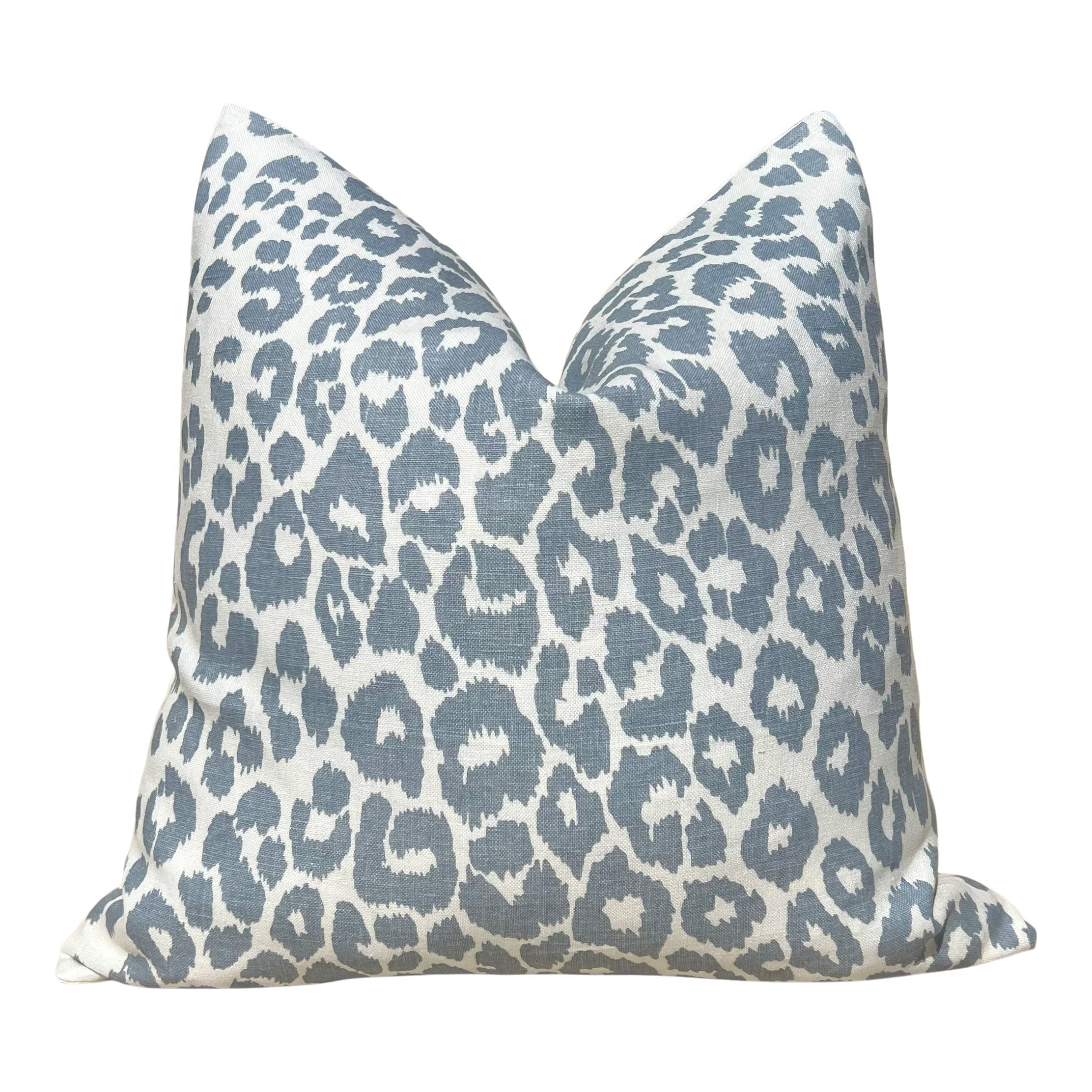 Schumacher Iconic Leopard Linen Pillow in Sky Blue. Designer High End Decorative Leopard Pillows, Accent Linen Pillow Cover in LIght Blue