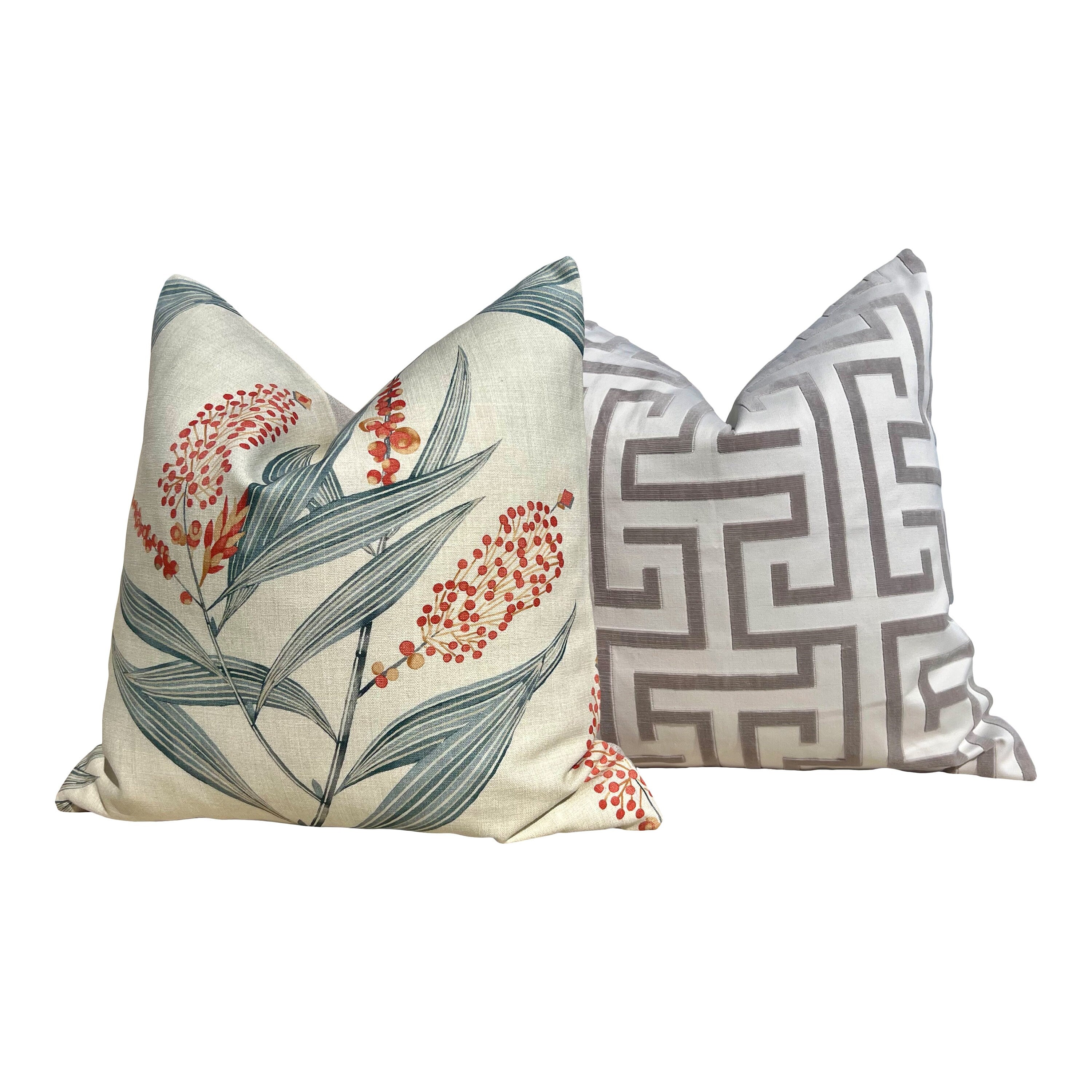 Designer Winter Bud Floral Pillow in Coral. High End Decorative Pillows, Euro Sham Pillow Case 26"X26", Accent Beige Coral Cushion Covers