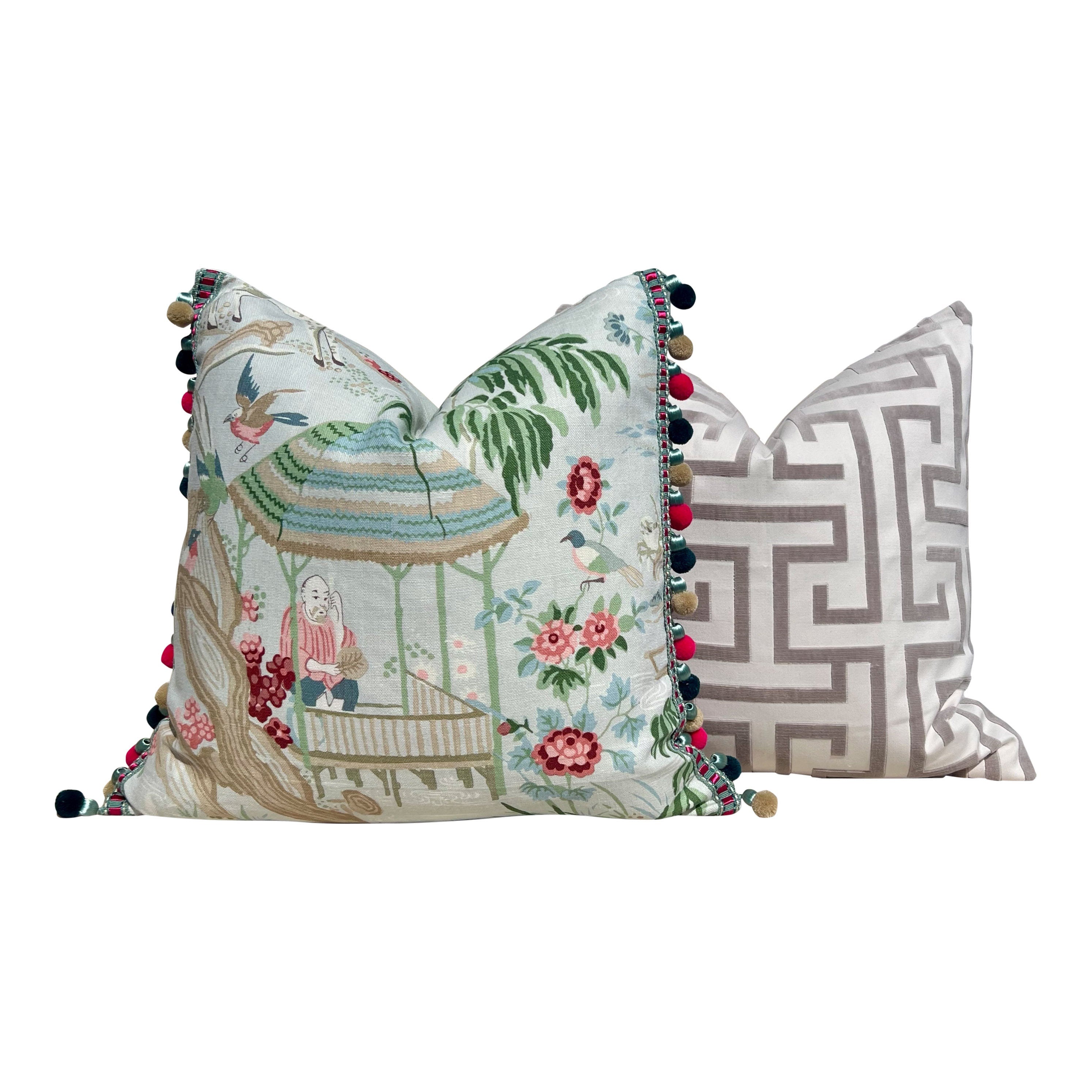 Schumacher Yangtze River Pillow in Aqua. Designer Fabric Pillow Cover, High End Accent Pillow Aquamarine, Designer Chinoiserie Cushion Cover