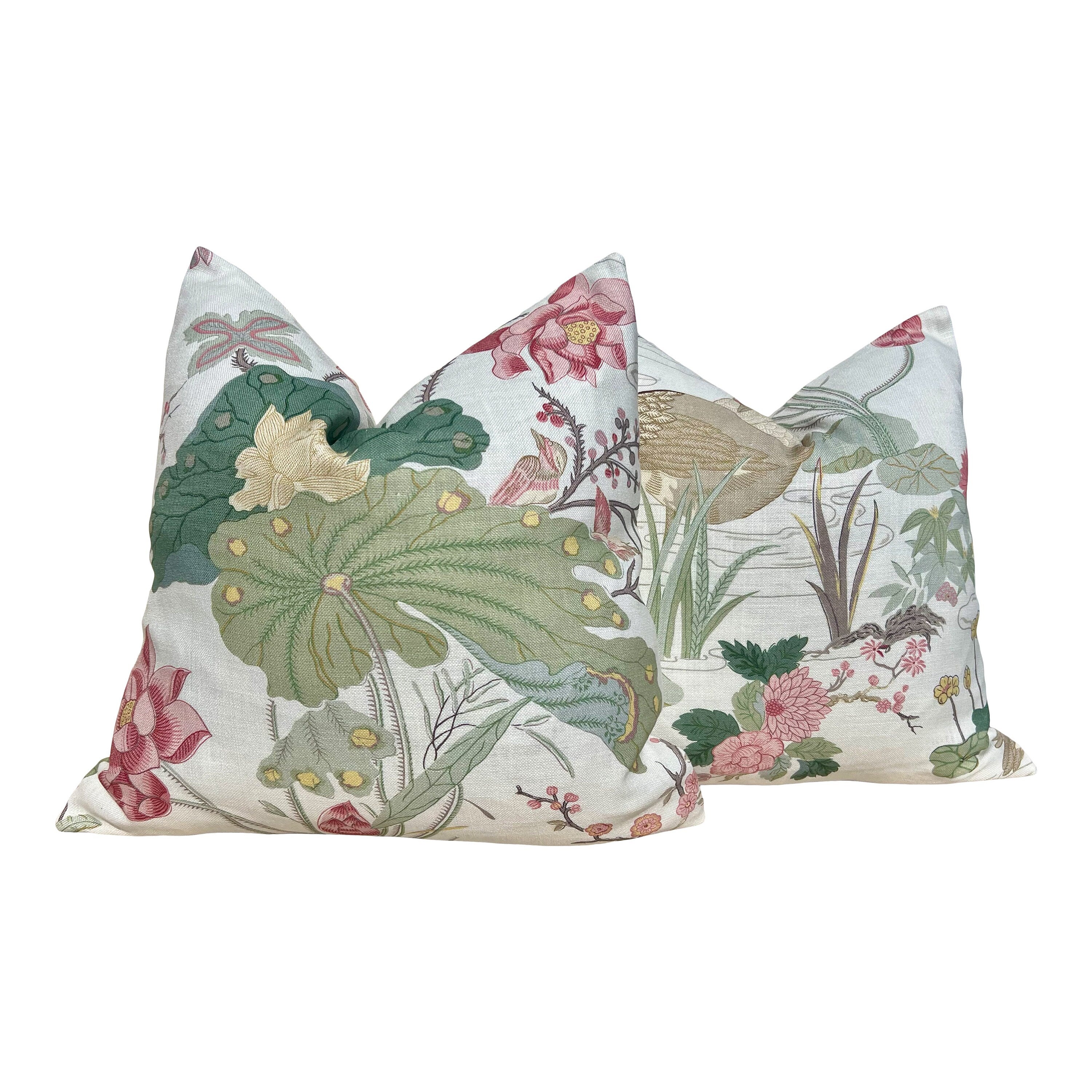 Lee Jofa Luzon Pillow in Spring. Decorative Linen Pillows, Designer Exotic Bird Pillows Luxury Botanical Pillow High End Cream, Green, Aqua
