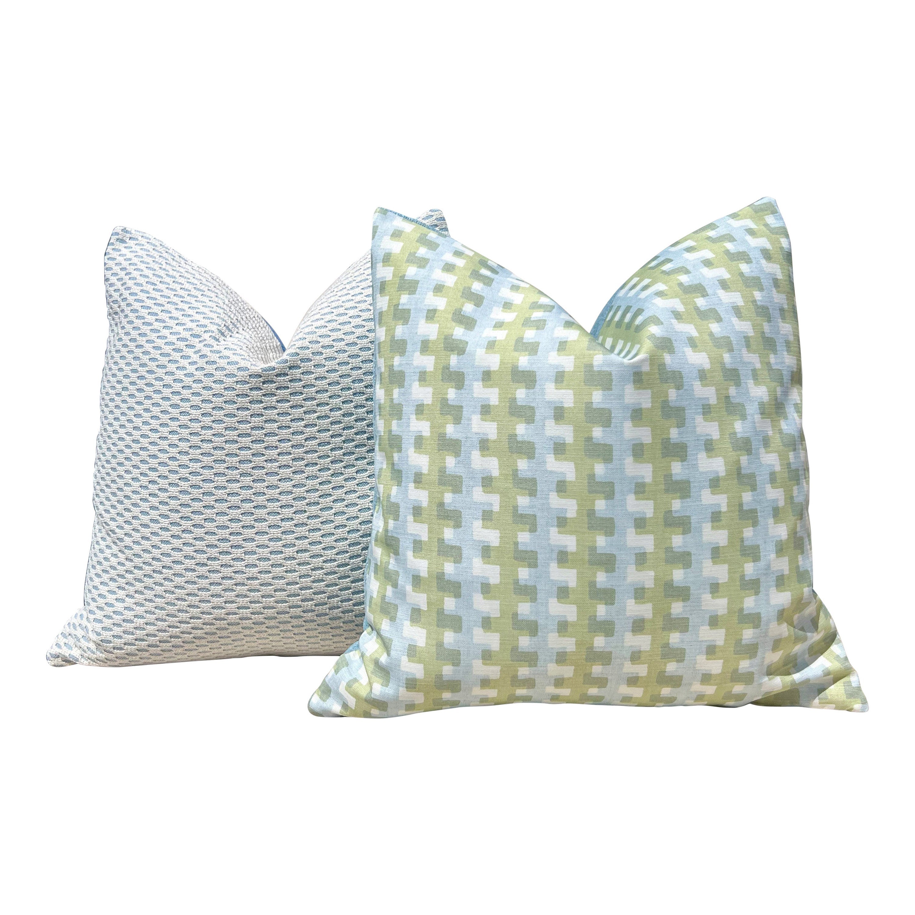 Designer Inside Out Outdoor Pillow Light Blue. Performance Pillow Covers, Accent Sky Blue Pillows, Small Scale Geometric Outdoor Pillows