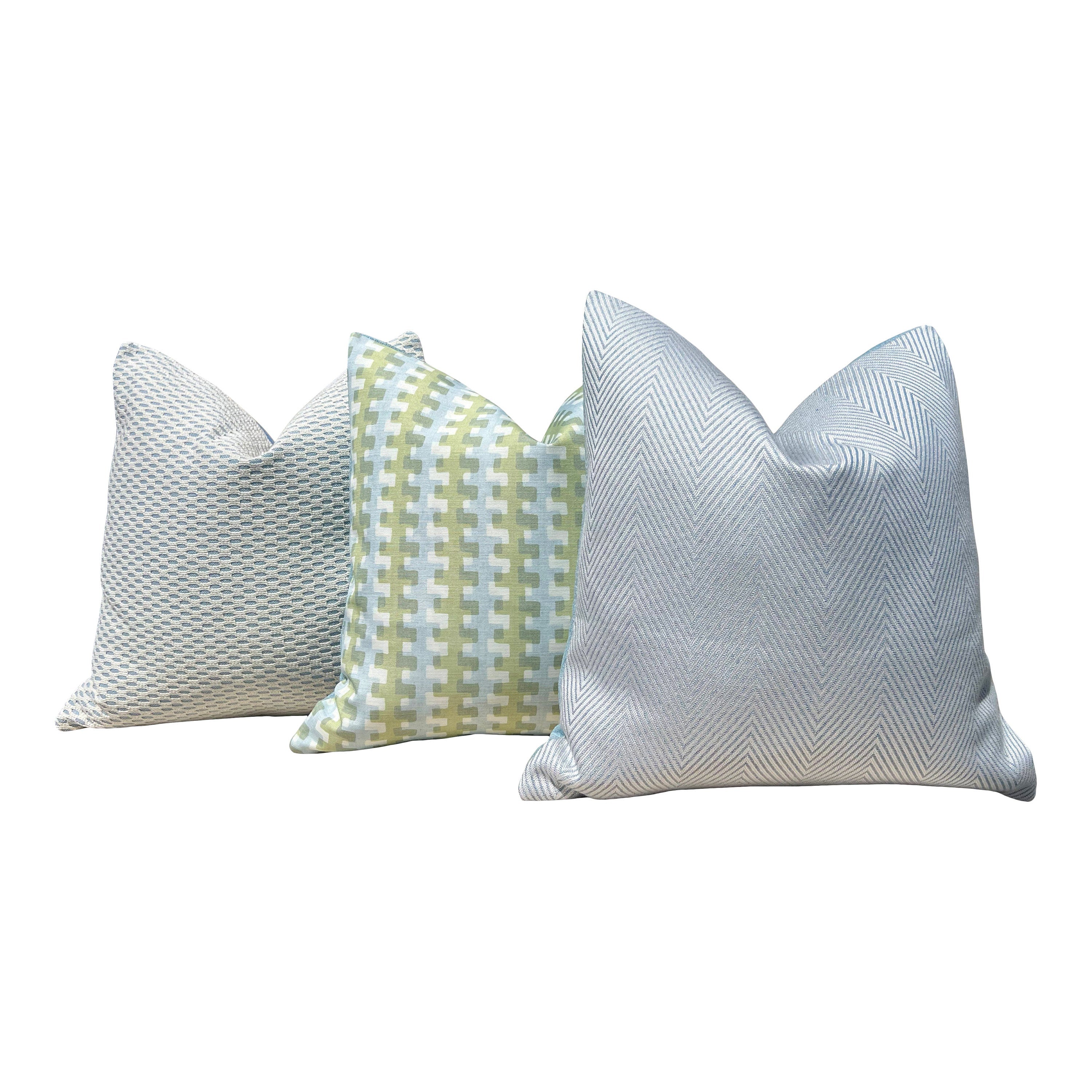 Designer Inside Out Outdoor Pillow Light Blue. Performance Pillow Covers, Accent Sky Blue Pillows, Small Scale Geometric Outdoor Pillows