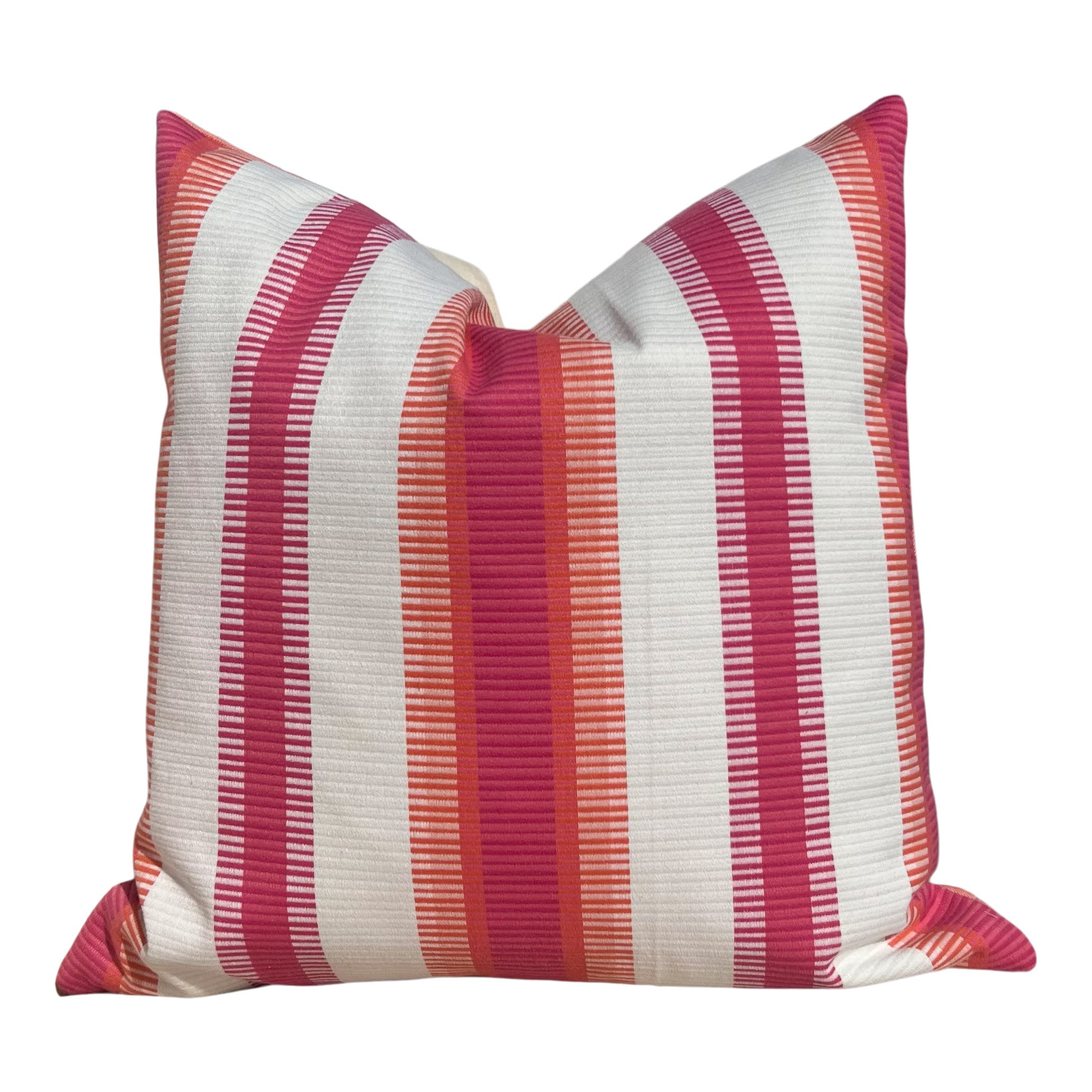 Thibaut Outdoor Woven Samba Stripe Pillow in Magenta and Coral. Outdoor Striped Pillow Cover Fuschia, Designer Accent Perfomance Cushions
