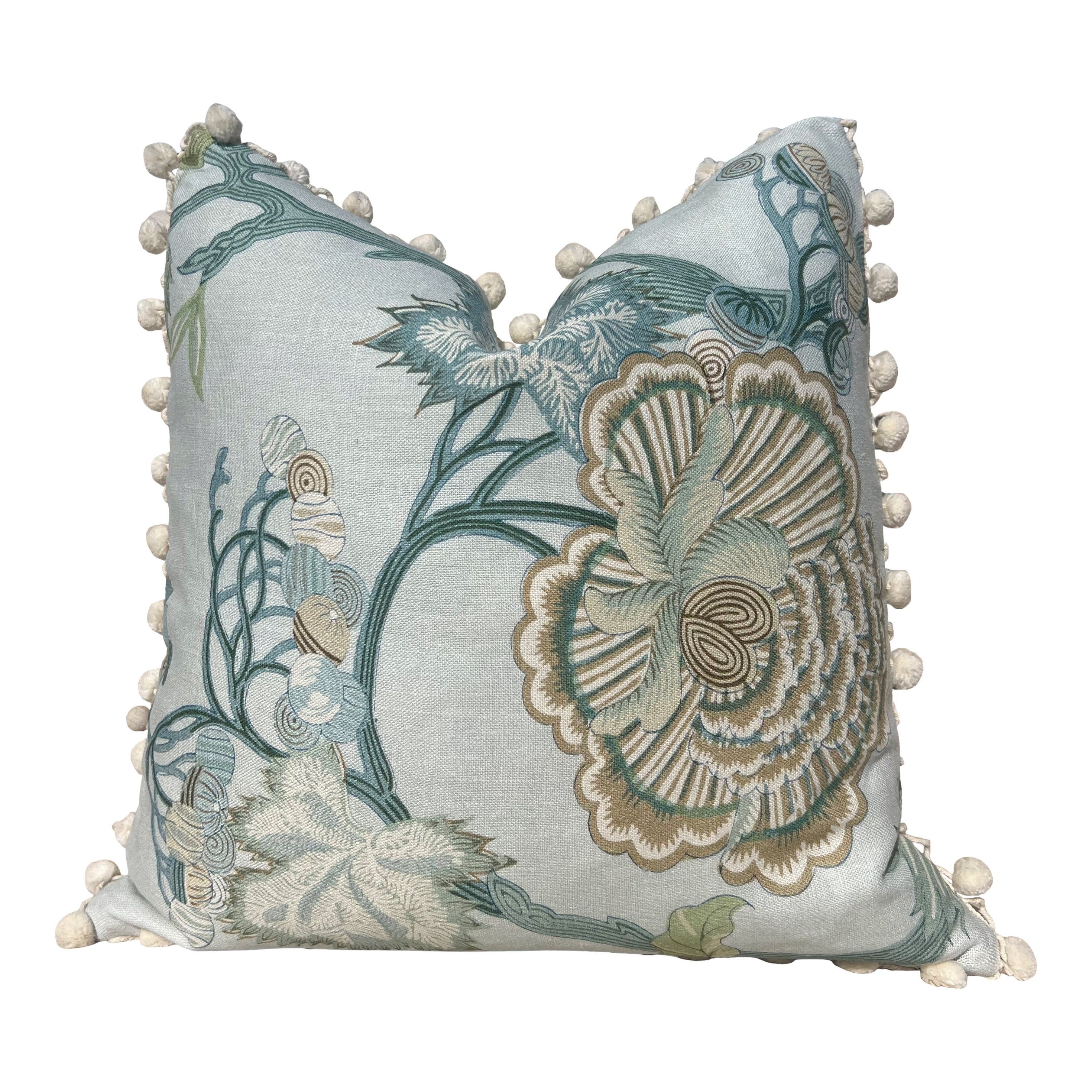 Jacobean Floral Pillow in Aqua, Cotton Rope Trim.