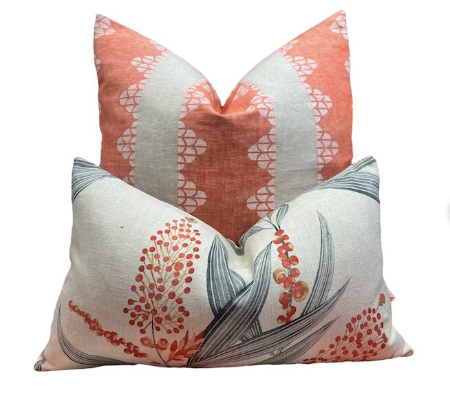 Designer Winter Bud Floral Pillow in Coral. High End Decorative Pillows, Euro Sham Pillow Case 26"X26", Accent Beige Coral Cushion Covers