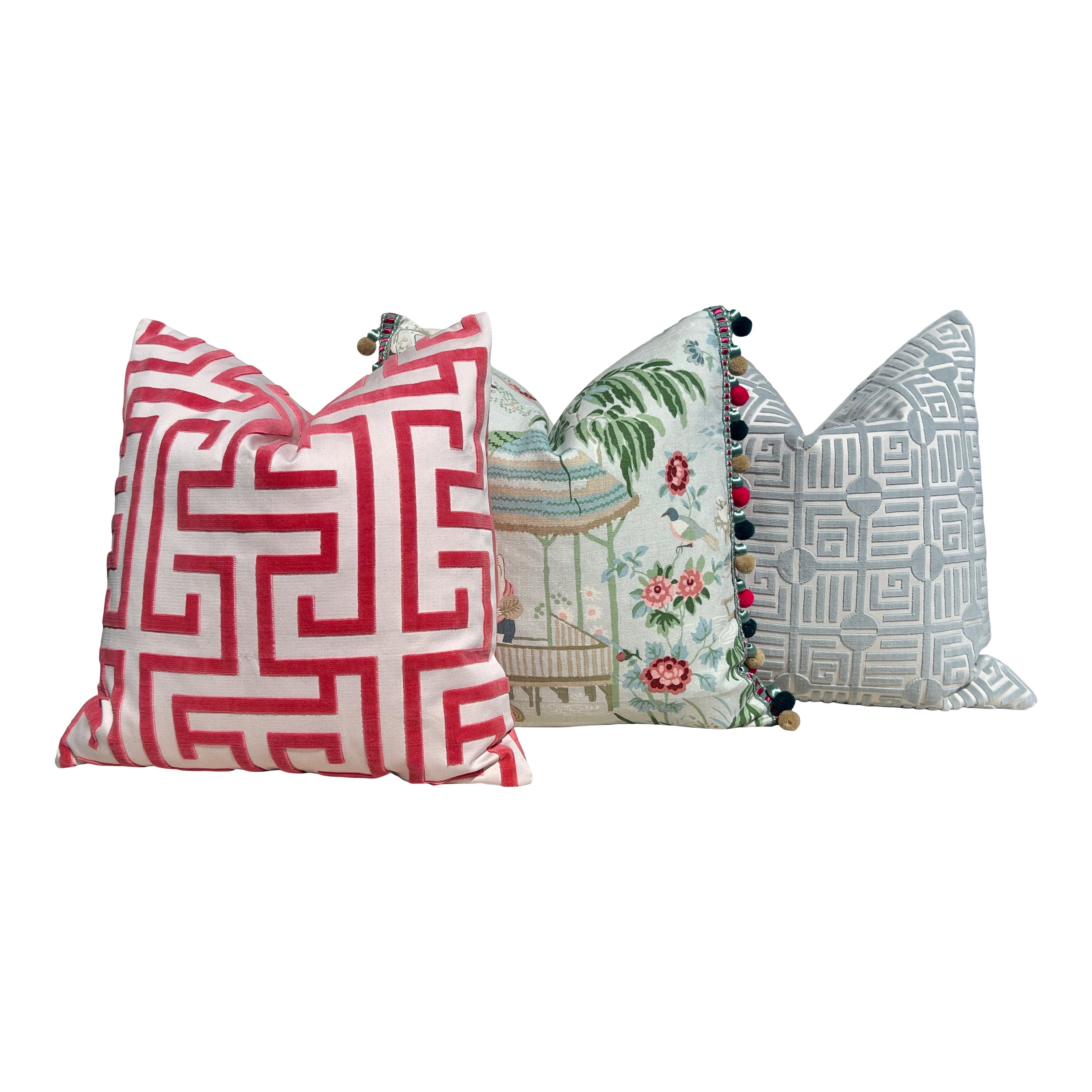 Thibaut Ming Trail Pillow in Red. Designer Pillows, Raised Velvet Pillows, High End Pillows, Geometric Velvet Pillow, Velvet Round Bolster