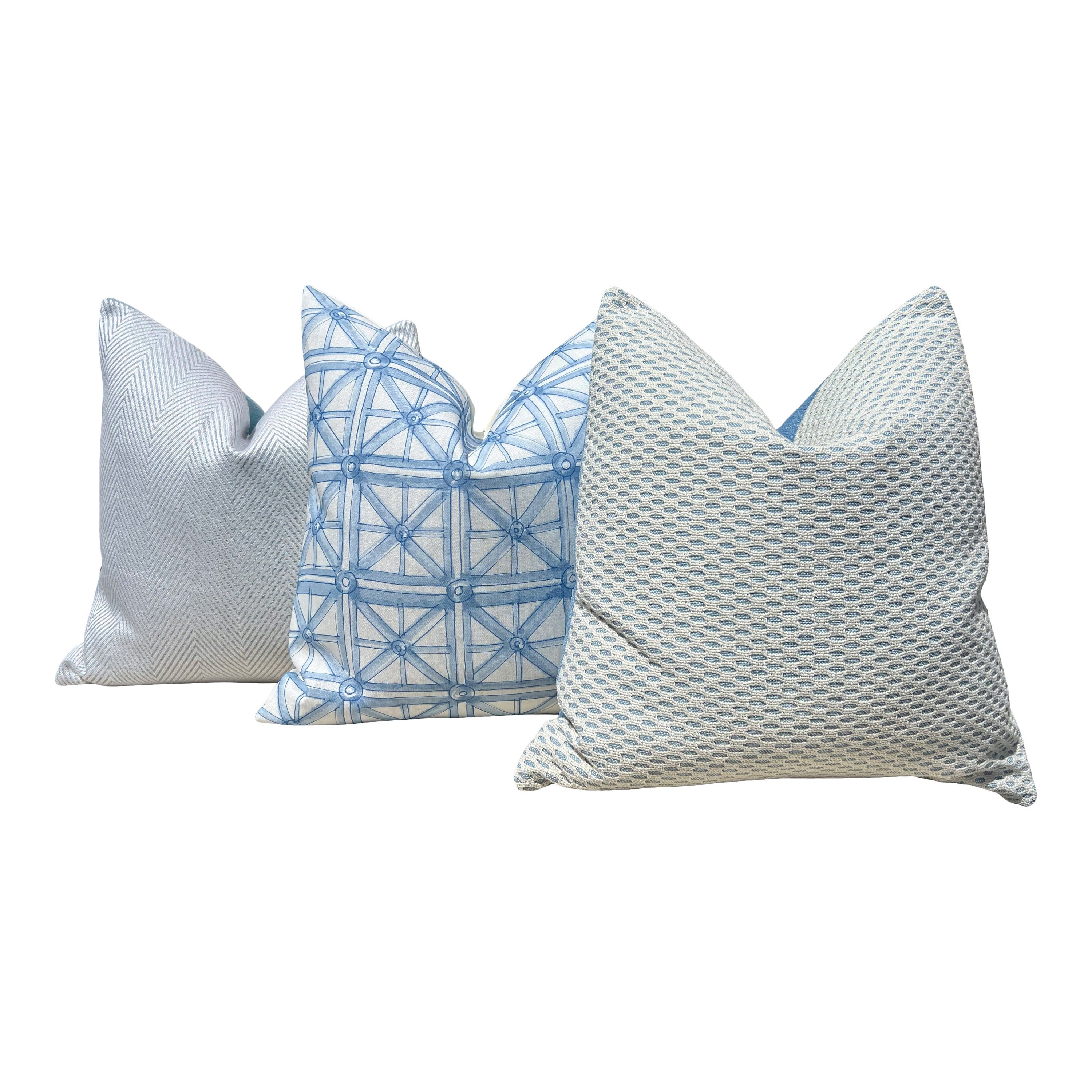 Designer Inside Out Outdoor Pillow Light Blue. Performance Pillow Covers, Accent Sky Blue Pillows, Small Scale Geometric Outdoor Pillows